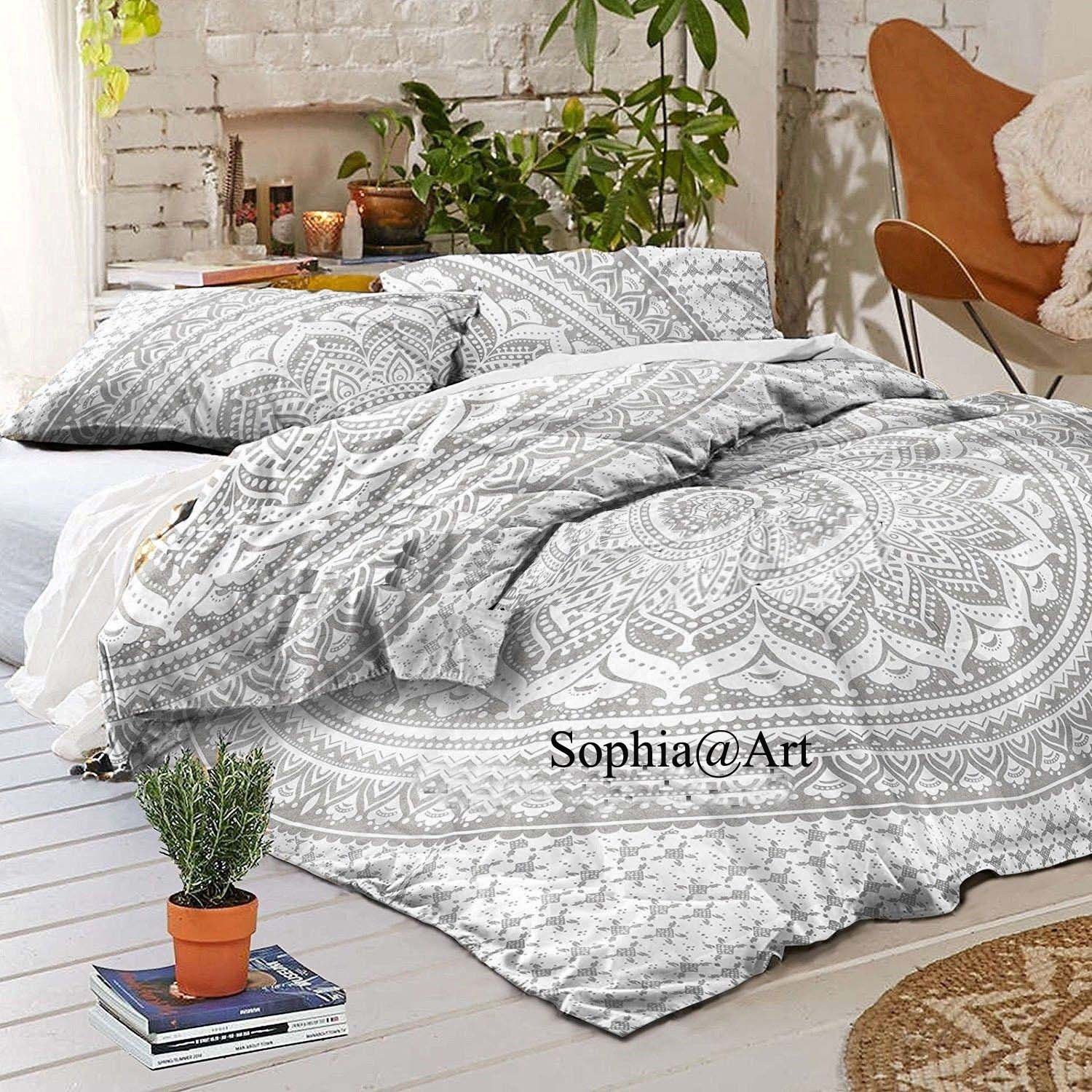Sophia-Art Indian Handmade Bohemian Cotton Duvet Cover Set with Mandala Ombre Print - Includes Comforter Cover & 2 Pillow Shams (Silver Ombre, Full/Queen 80x82 Inches) - Perfect for Boho Chic Bedroom, Yoga Retreat Decor, and Festival Camping Essentials