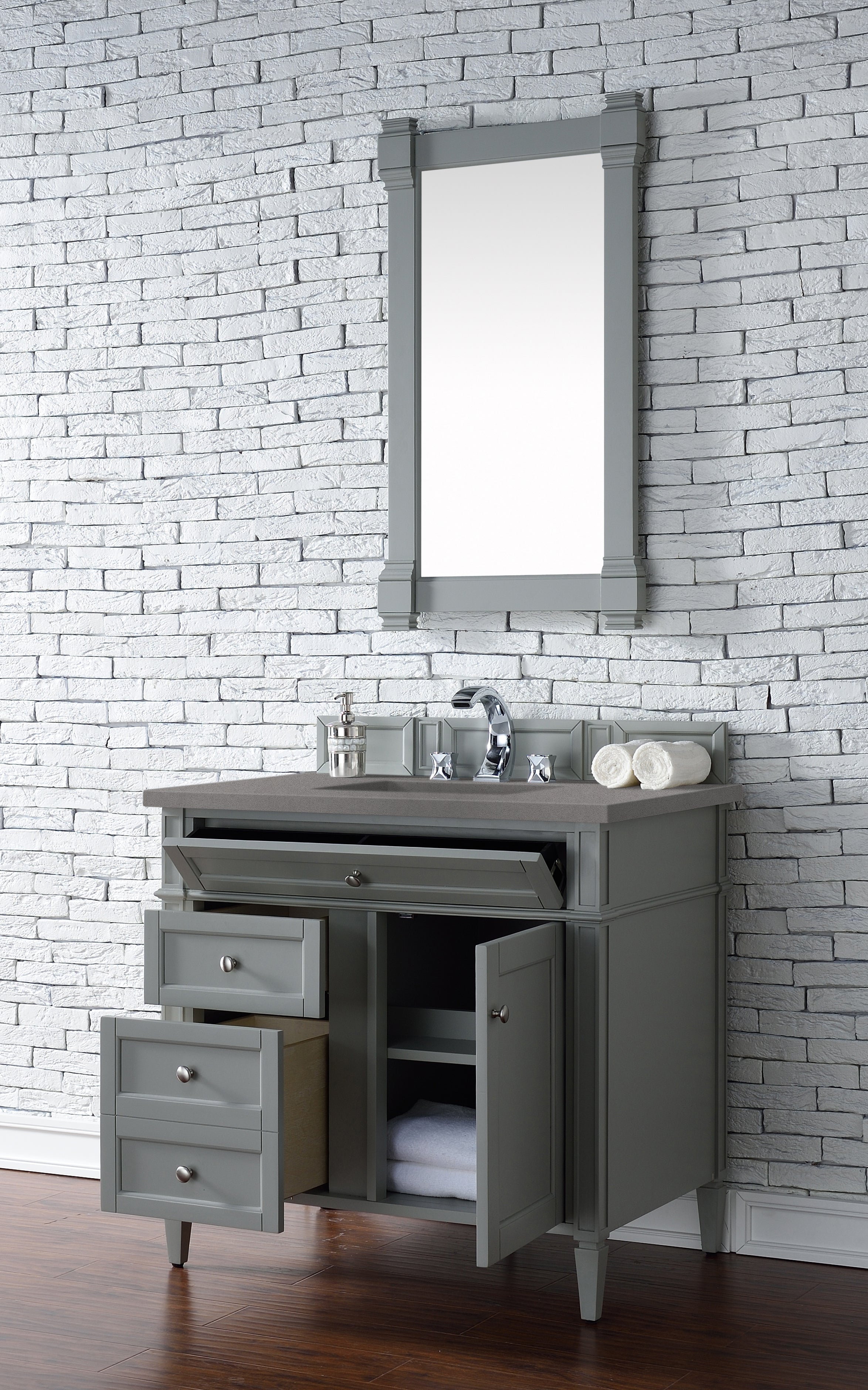 Brittany 36-Inch Urban Gray Bathroom Vanity with 3CM Gray Expo Quartz Countertop - Modern Single Sink Vanity for Small Bathrooms & Powder Rooms