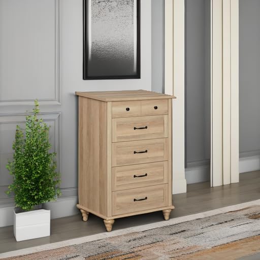 WAMPAT 5-Drawer Oak Dresser - Mid Century Modern Wooden Chest for Bedroom, Nursery, Living Room & Hallway | Kids Dresser with Wide Storage Organizer | Perfect for Clothes, Toys & Home Organization
