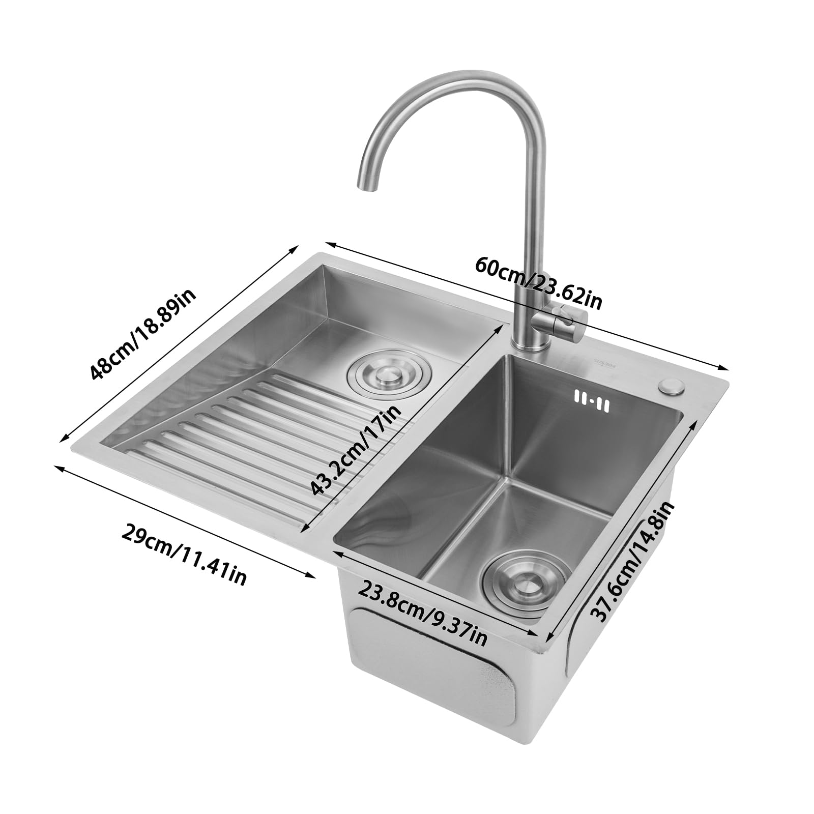 Stainless Steel Laundry Utility Sink with Washboard - 23.62 Inch Double Basin Bathroom & Utility Sink with Faucet - Easy to Clean Indoor/Outdoor Use - Perfect for Laundry Room, Basement, Garage & RV (23.62x18.89in Left Side Washboard Included)