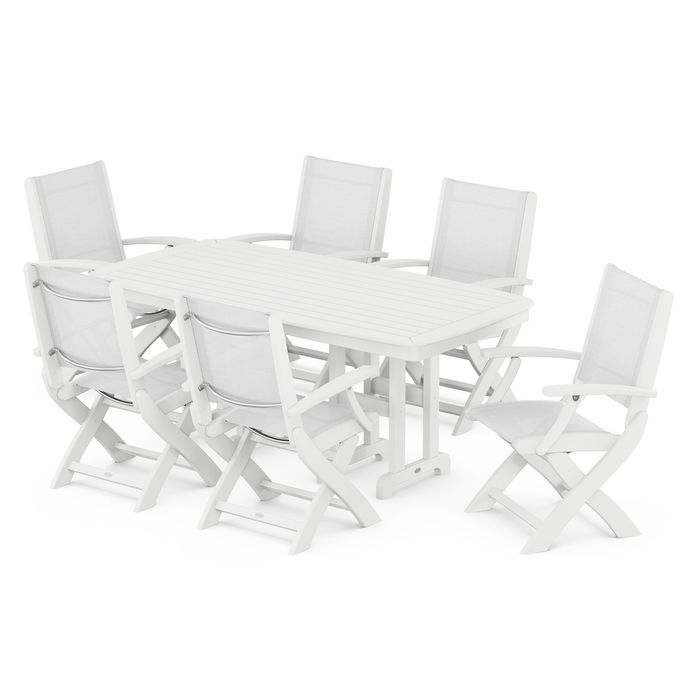 POLYWOOD Coastal Folding Arm Chair 7-Piece Outdoor Dining Set - Perfect for Patio, Deck, Poolside & Beachfront Entertaining