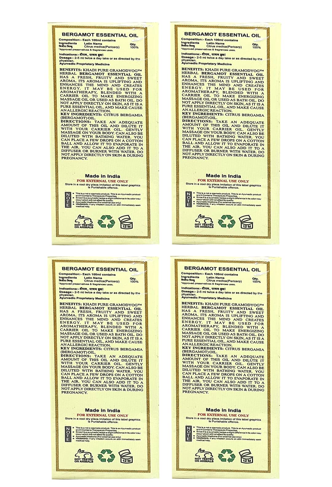 Khadi Pure Herbal Bergamot Essential Oil - 15ml (Pack of 4) | 100% Natural Aromatherapy Oil for Relaxation, Stress Relief & Skin Care | Perfect for Diffusers, Massage & DIY Beauty Products