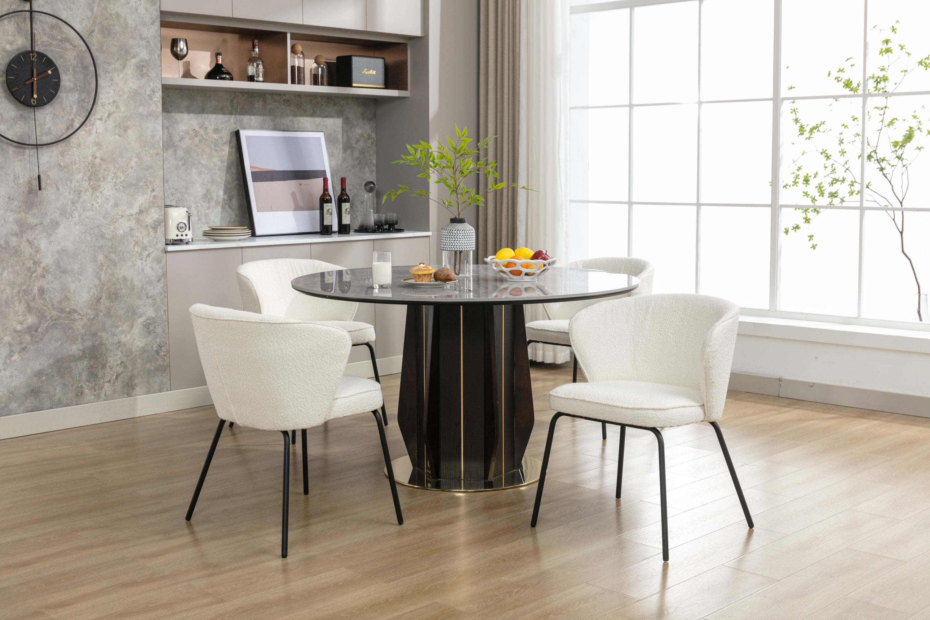 Set of 2 Modern Boucle Fabric Dining Chairs with Black Metal Legs in Ivory - Comfortable Upholstered Side Chairs for Kitchen, Dining Room, and Office Use