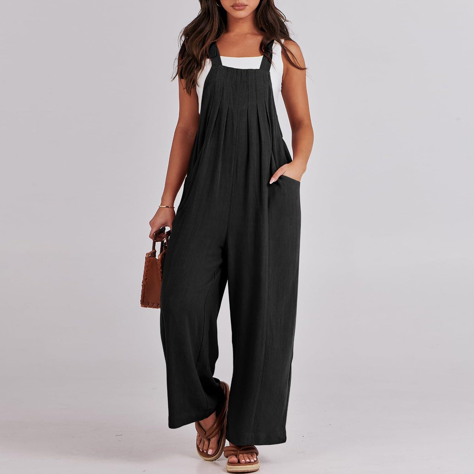 Women's Cotton Linen Overalls - Summer Jumpsuit Romper with Flowy Pants - Boho Chic Casual Outfit for Women 2024 (Al-Black, 3XL) - Perfect for Beach Vacations, Music Festivals and Everyday Boho Style