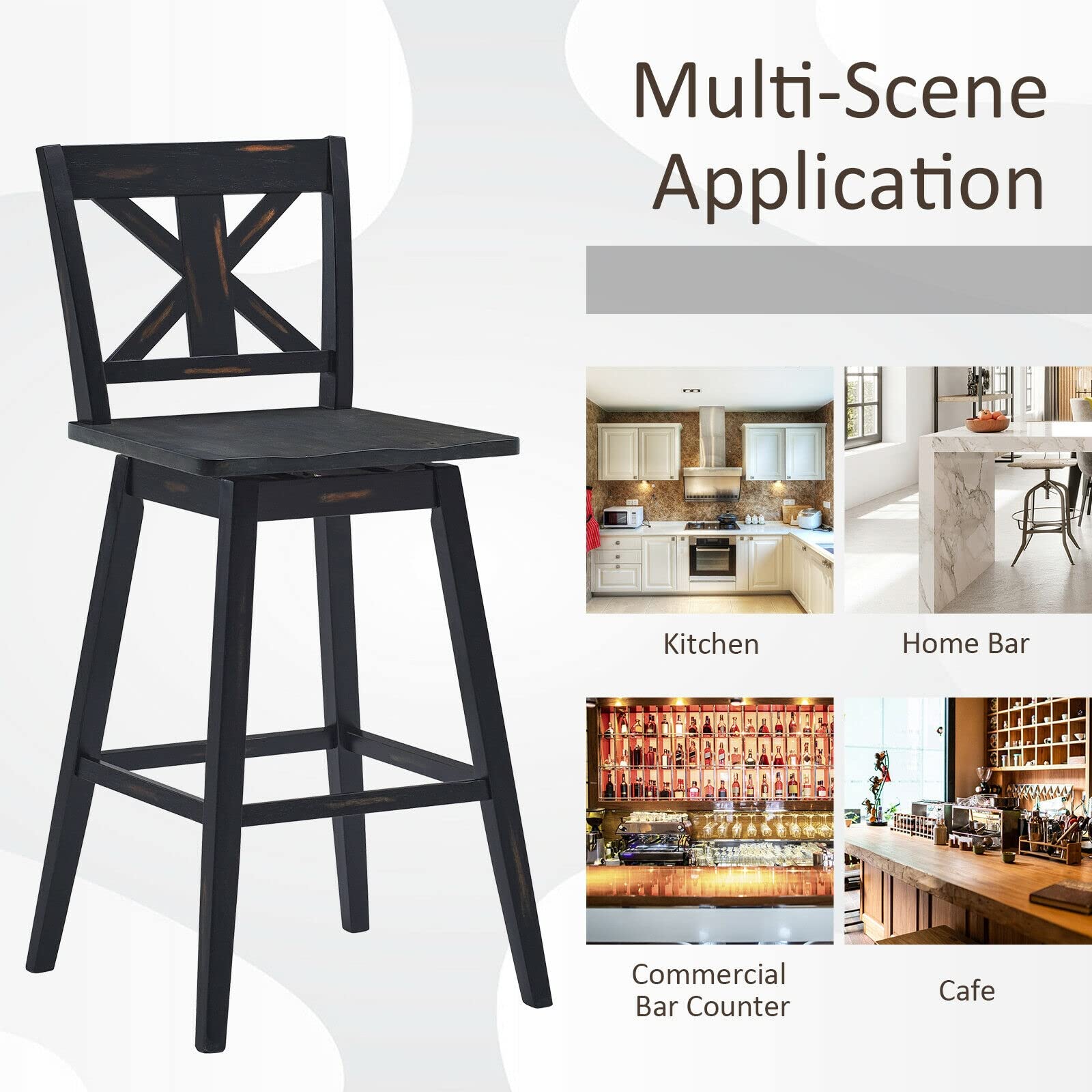 2 Pack 29 Inch Counter Height Swivel Bar Stools with Back - 360 Degree Rotating Wood Bar Stools with Solid Wood Legs for Kitchen Island, Breakfast Nook & Home Bar - Black Modern Kitchen Stools (Set of 2)