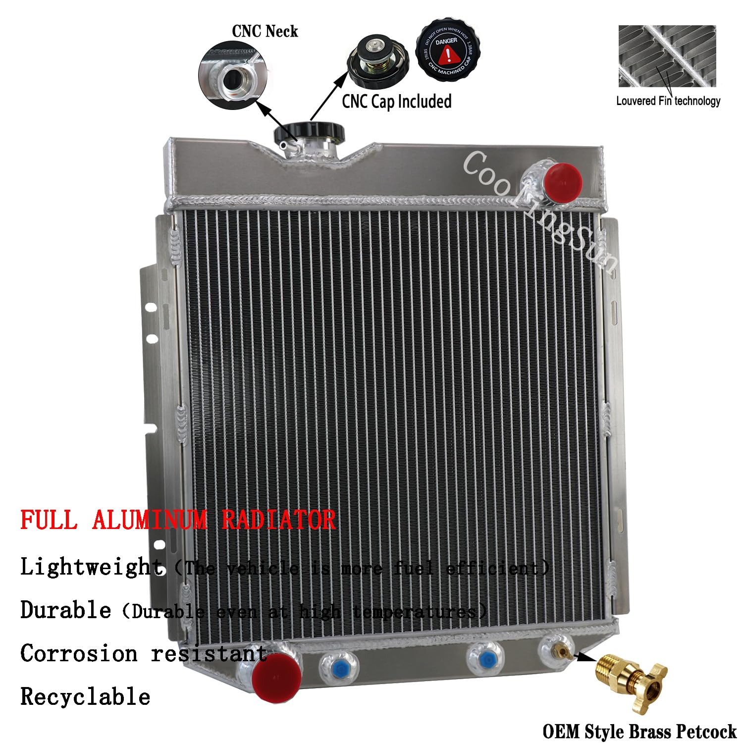 4 Row Aluminum Radiator for 1960-1966 Ford Mustang Falcon Ranchero Mercury Comet L6 V8 - High Performance Cooling System with Electric Fan Shroud & Thermostat Kit - Perfect for Classic Car Restoration & Hot Rod Upgrades