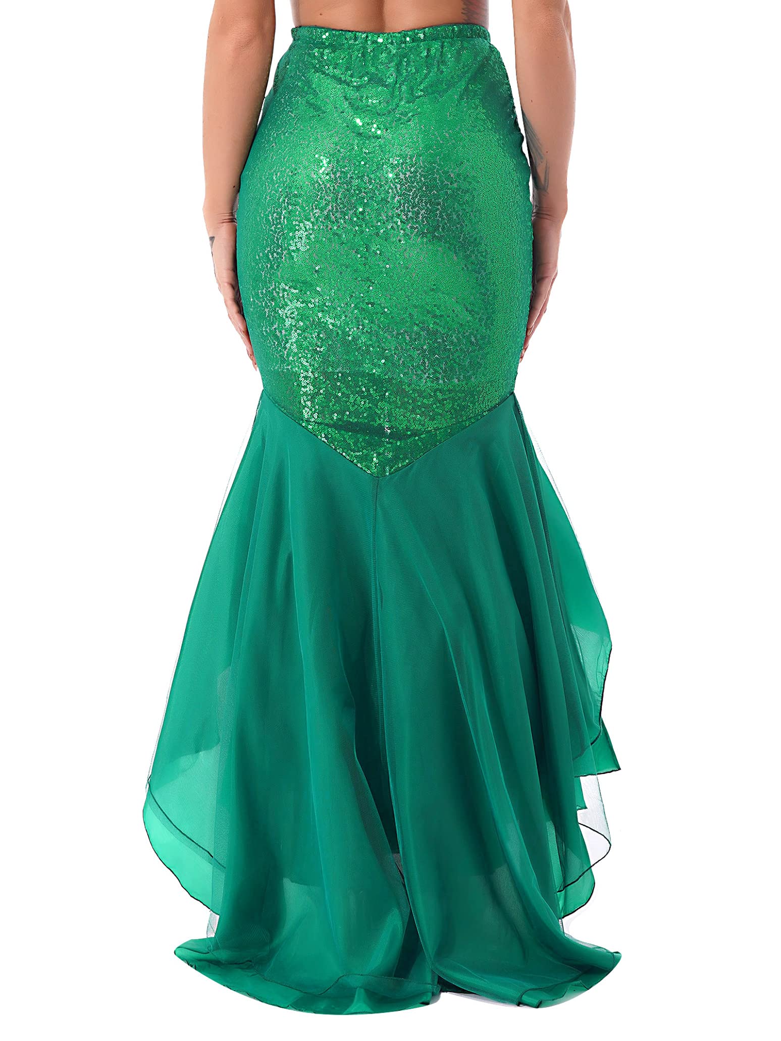 Women's Green Mermaid Tail Halloween Costume - Sequin Princess Maxi Skirt with Asymmetric Hemline for Cosplay, Party & Dress Up | Perfect for Halloween, Themed Parties & Costume Events