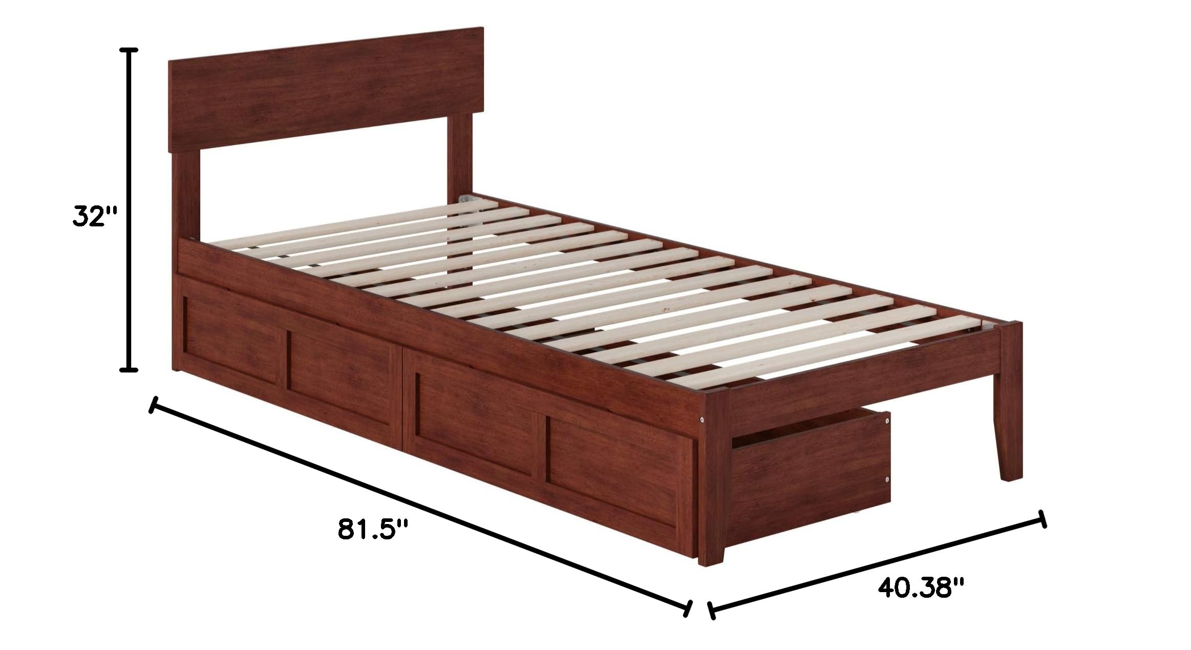 AFI Twin XL Bed Frame with Underbed Storage Drawers, Solid Walnut Wood - Perfect for Small Spaces, Dorms & Guest Rooms