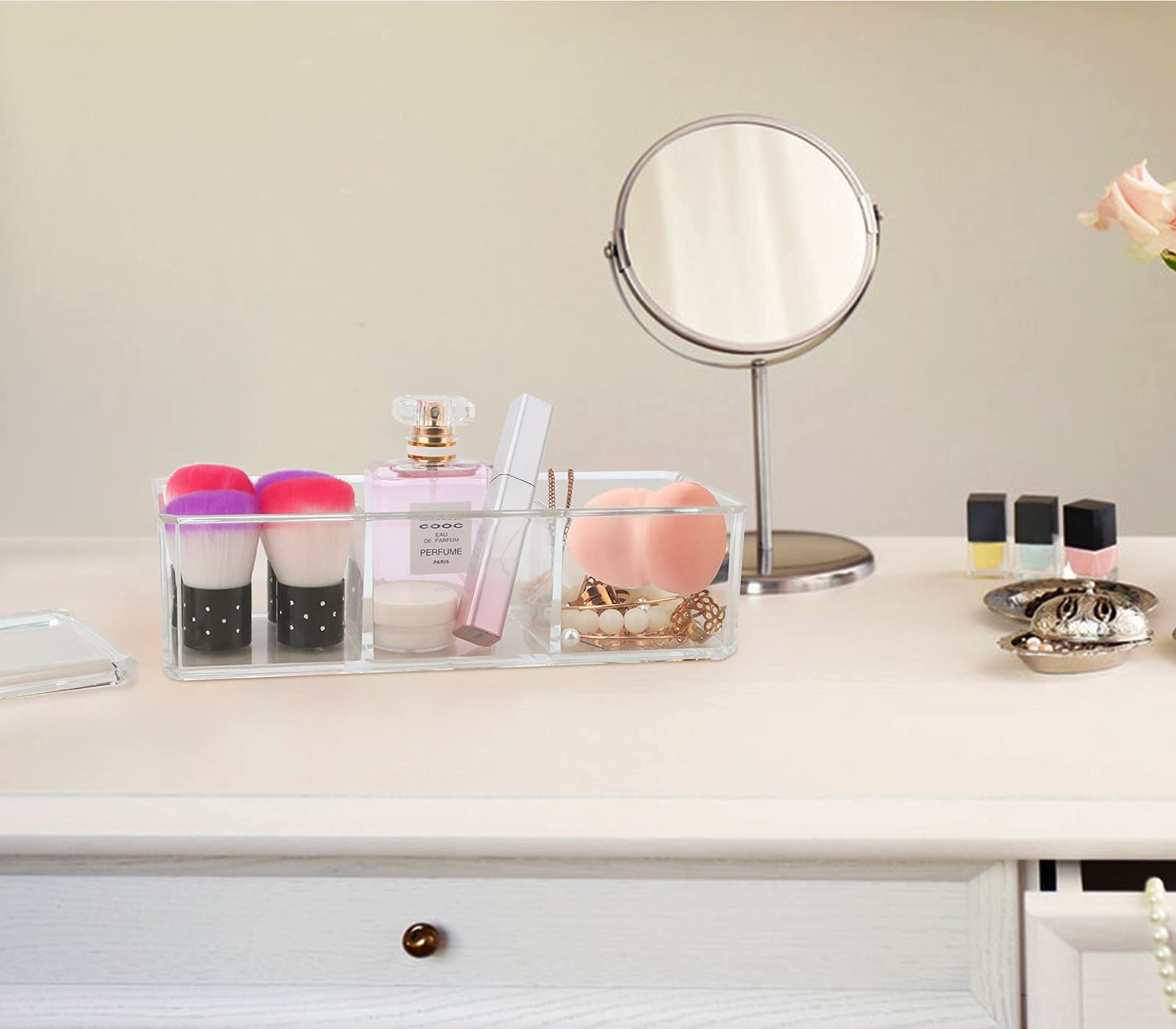 Clear Acrylic Drawer Organizer with Lid - 3 Compartment Makeup Storage Box for Vanity Desk, Bathroom & Jewelry Display - 9.17x3.7x3.46 Inch Small Item Organizer - Perfect for Cosmetics, Office Supplies & Craft Storage