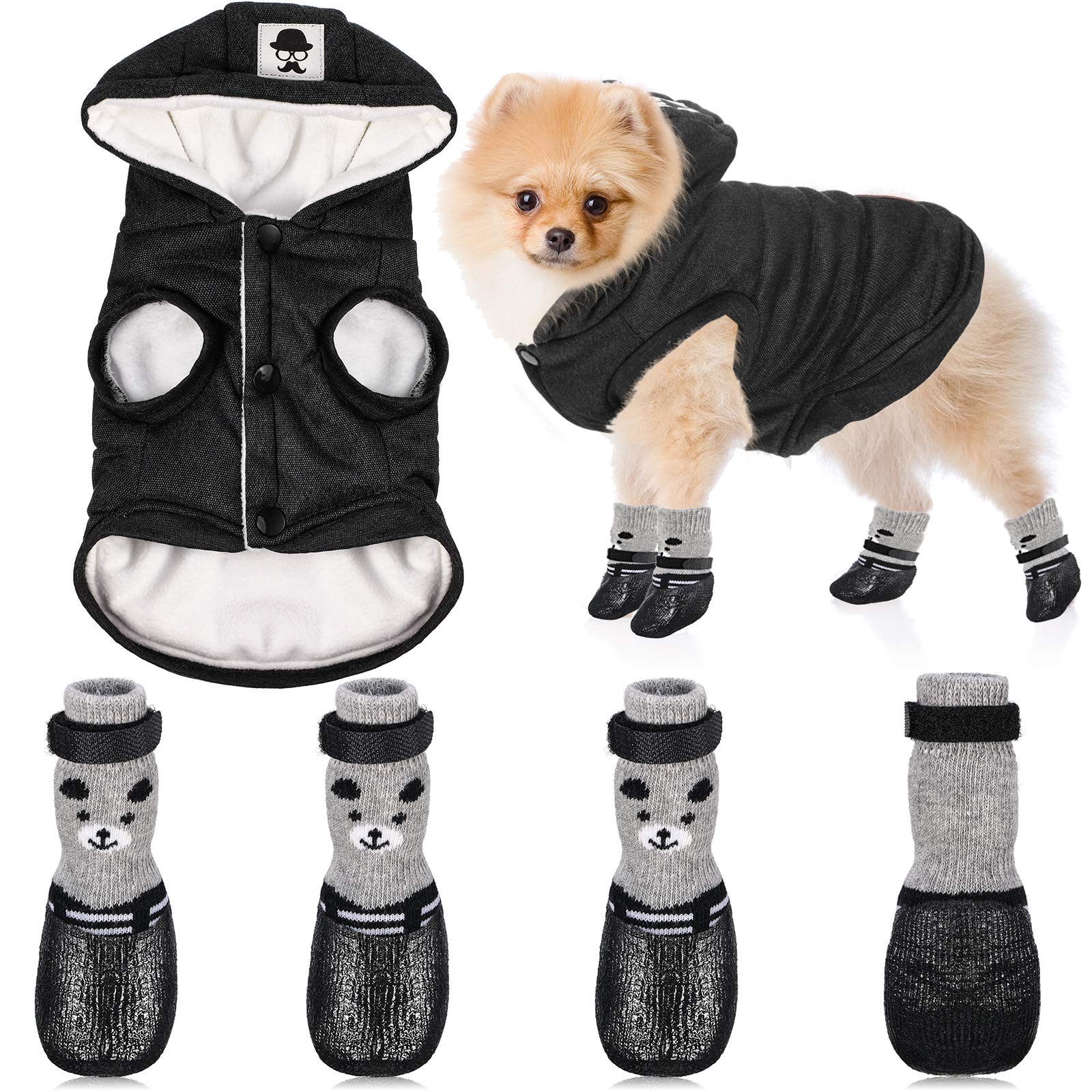 Waterproof Hooded Dog Coat & Boots Set - Warm Puppy Jacket & Non-Slip Dog Shoes for Small Dogs (Black/White, XL) | Winter Outdoor Protection for Walking, Hiking & Cold Weather