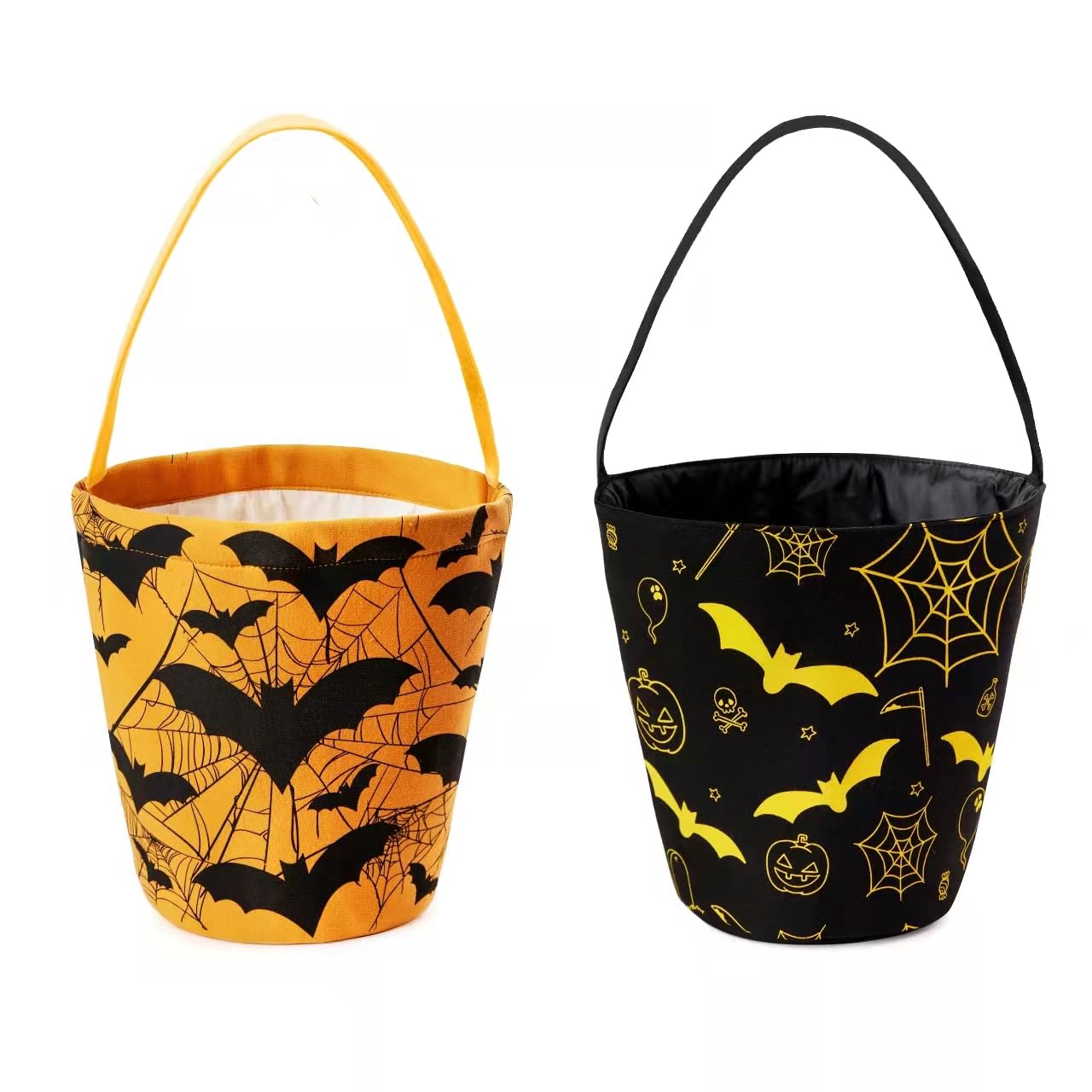 2 Pack Halloween Trick or Treat Buckets - Pumpkin Face Candy Holders with Handles for Halloween Party Favors, Candy Collection & Home Decor (Black/Yellow Bat Design) - Perfect for Trick-or-Treating, Halloween Parties & Seasonal Decorations