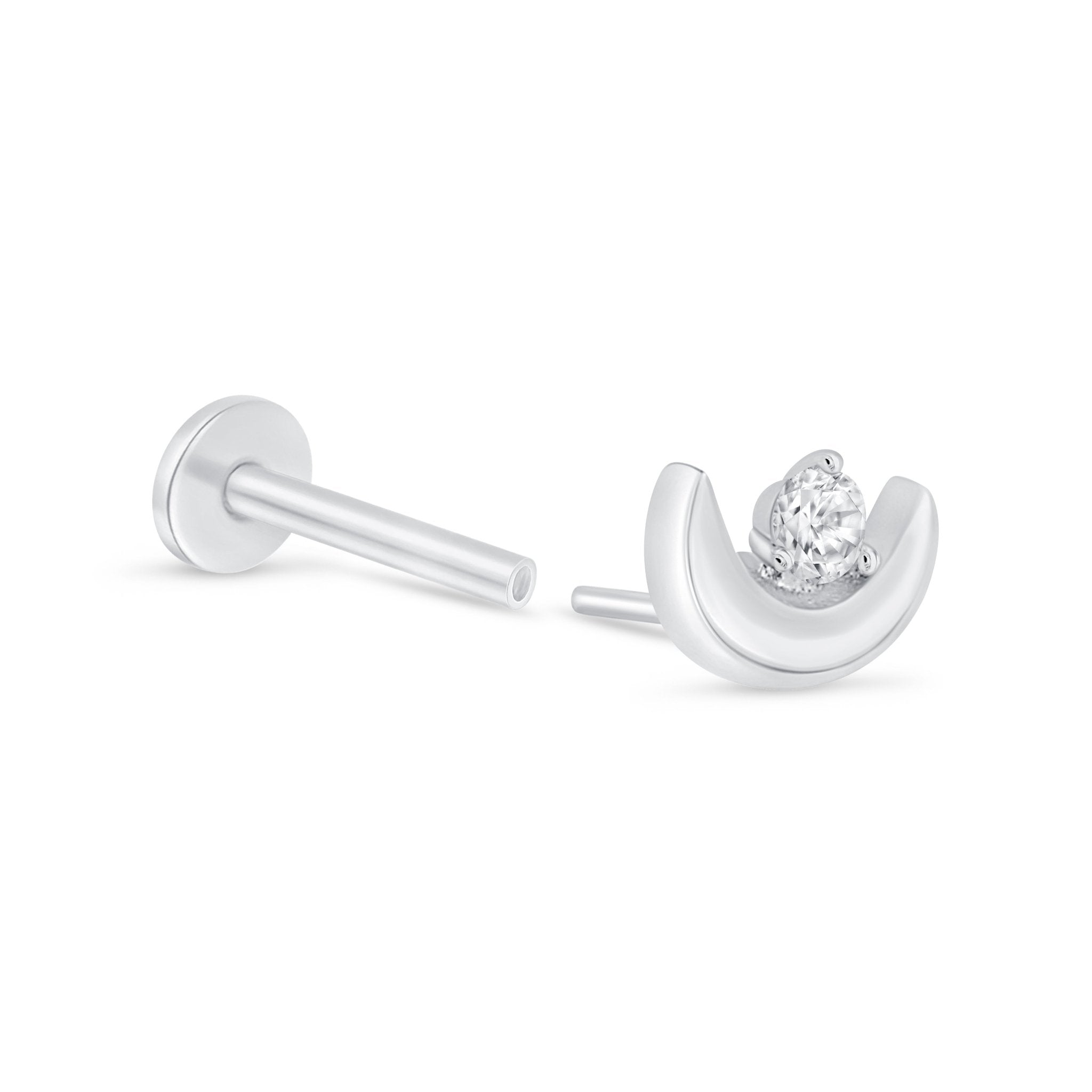14K White Gold Diamond Crescent Moon Flat Back Stud Earrings for Women - Perfect for Everyday Wear, Parties & Special Occasions