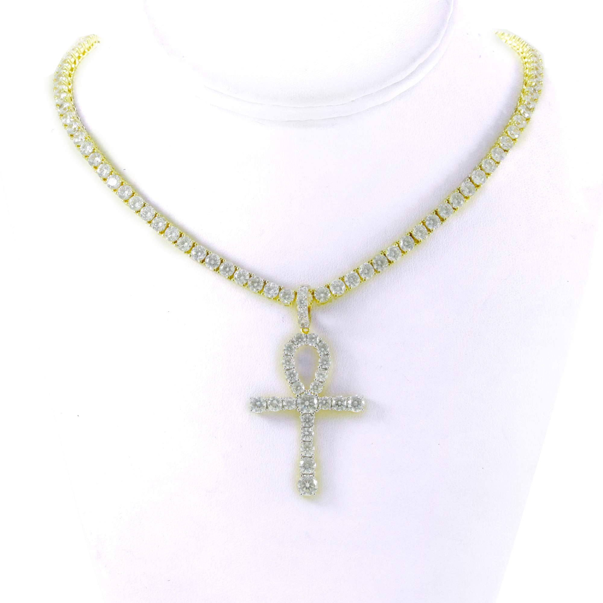 14K Gold Plated 925 Sterling Silver Men's Tennis Chain Necklace with Cubic Zirconia Egyptian Ankh Cross Pendant - 4mm Real Solid Gold, Perfect for Gifts, Parties and Everyday Wear