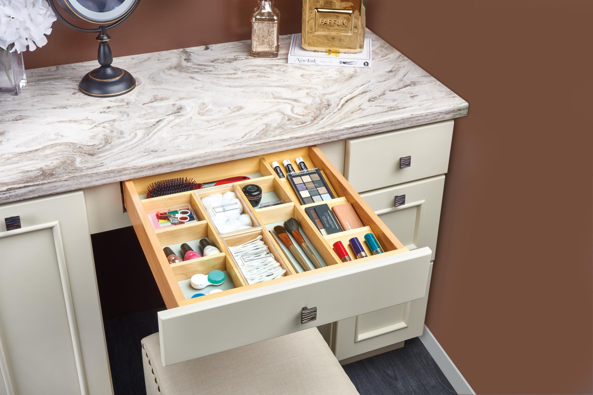 Rev-A-Shelf Wood Trim Vanity Drawer Organizer - Custom Fit Bathroom Storage Solution for Makeup, Jewelry & Toiletries Organization