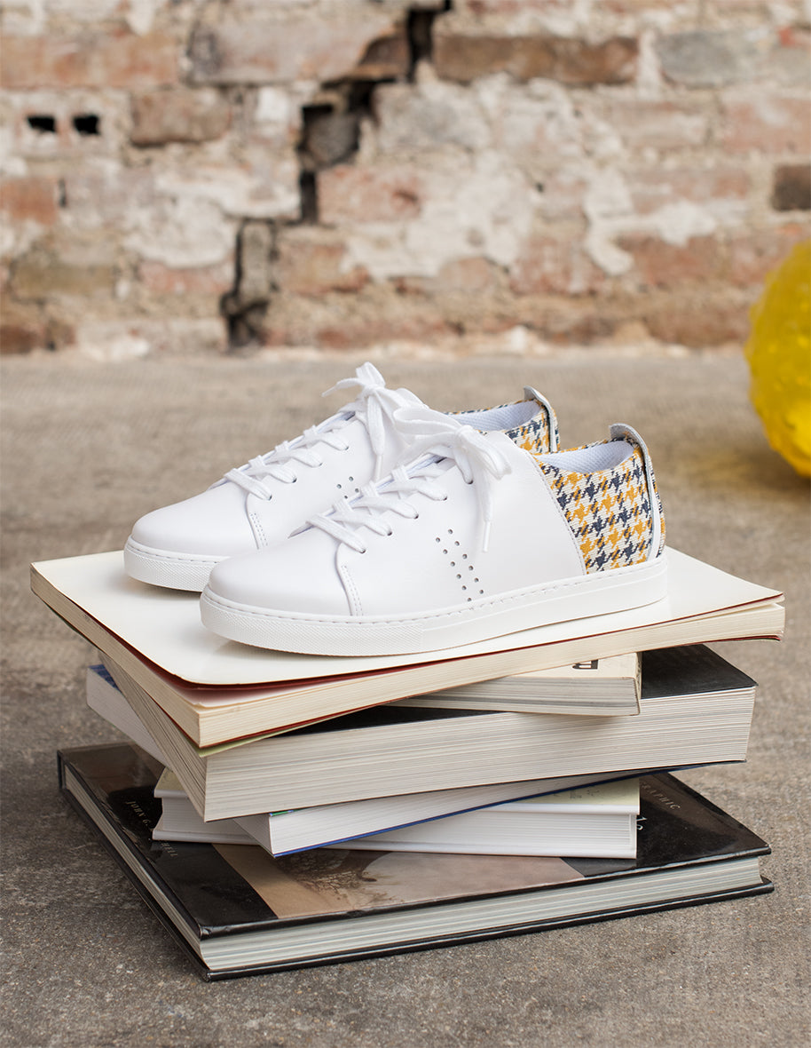 Renée White Leather & Yellow Houndstooth Low Baskets - Stylish & Comfortable for Casual Outings, Work & Everyday Wear