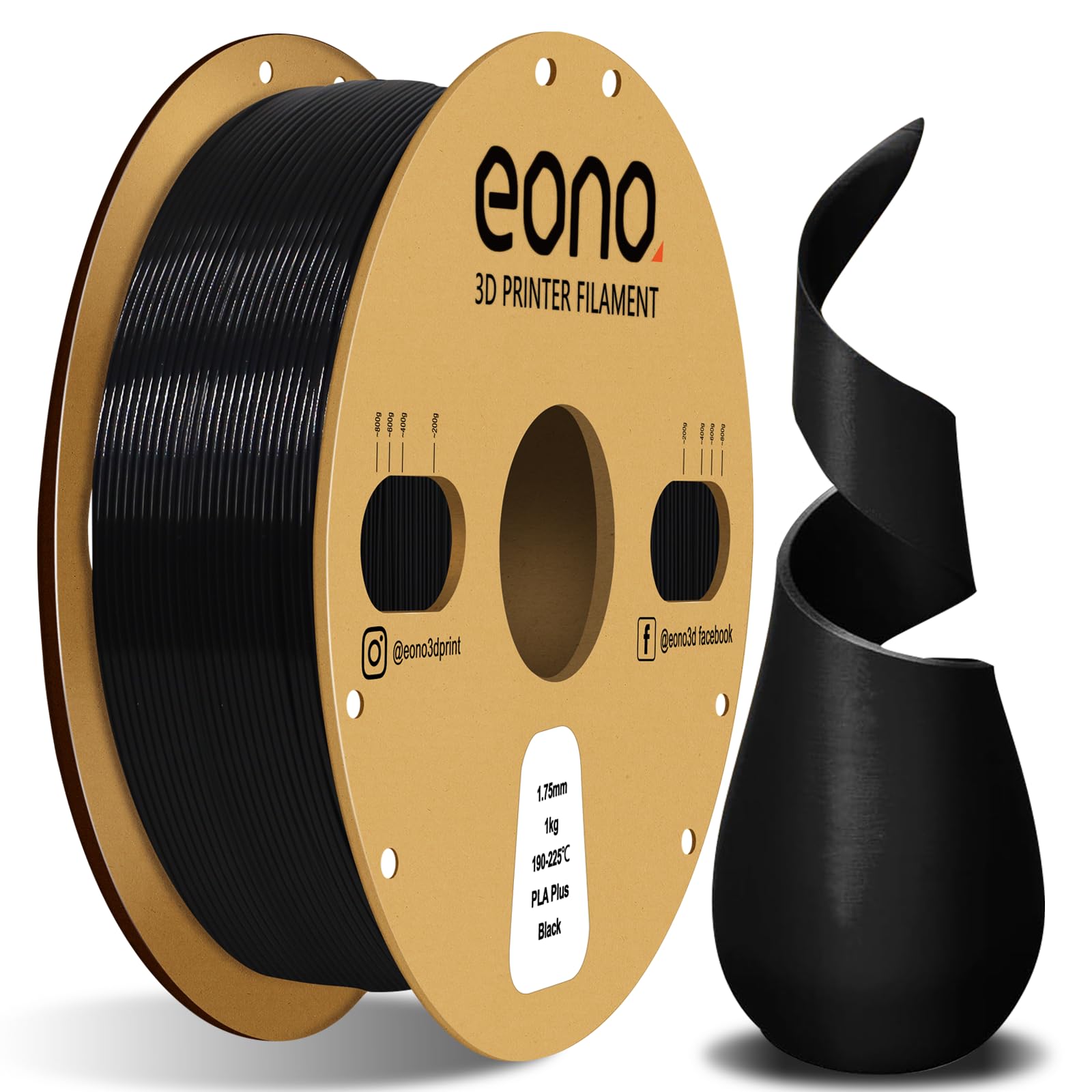 Eono PLA Plus 3D Printer Filament 1.75mm - High Strength PLA+ Filament for FDM 3D Printers & 3D Pens - Premium 1KG Spool (2.2 LBS) with +/- 0.02mm Dimensional Accuracy - Black - Ideal for Prototyping, DIY Projects & Creative Modeling