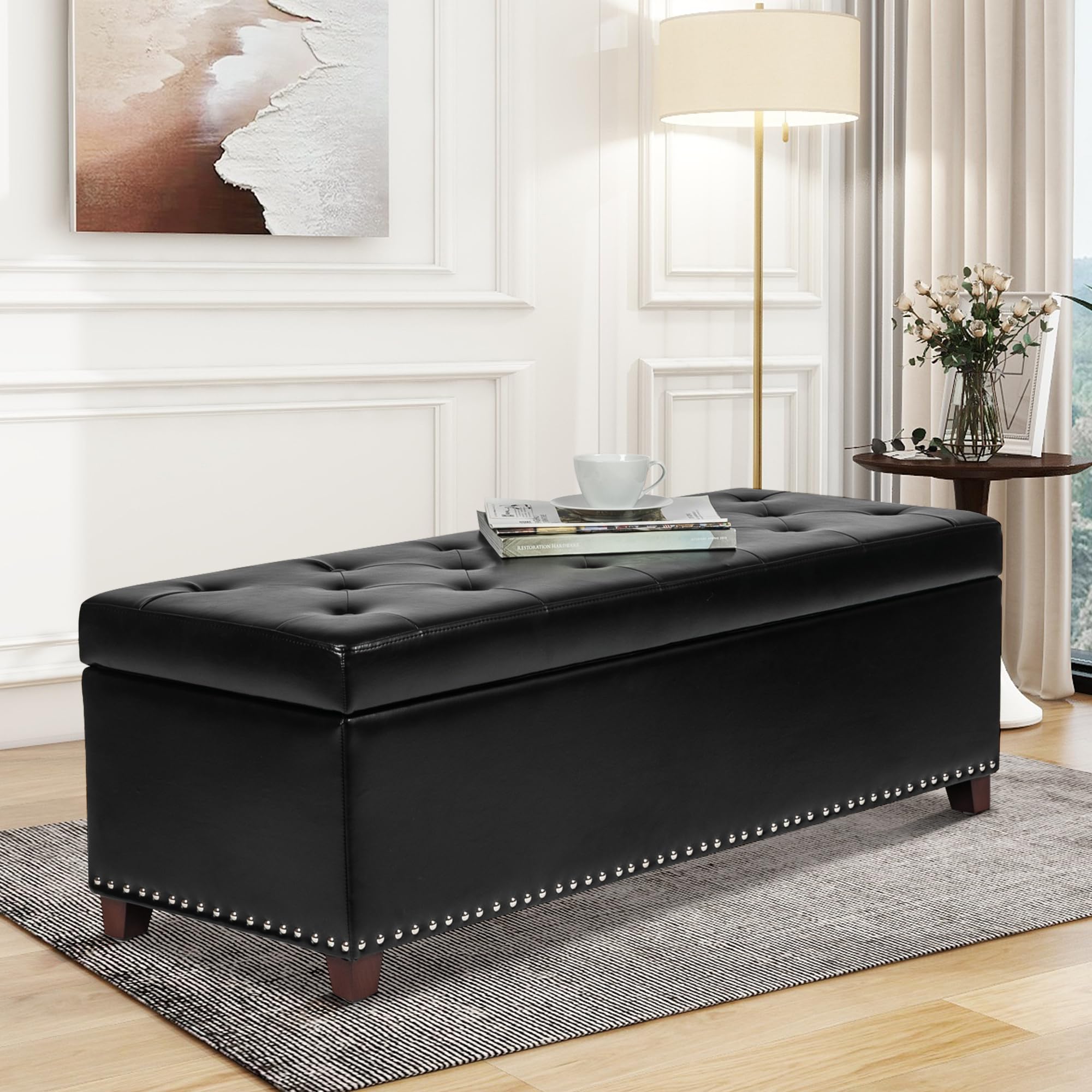 Storage Ottoman Bench with Wooden Legs - Upholstered Rectangle Storage Bench for Bedroom & Living Room - Multi-Functional Furniture for Home Organization, Extra Seating, and Stylish Decor