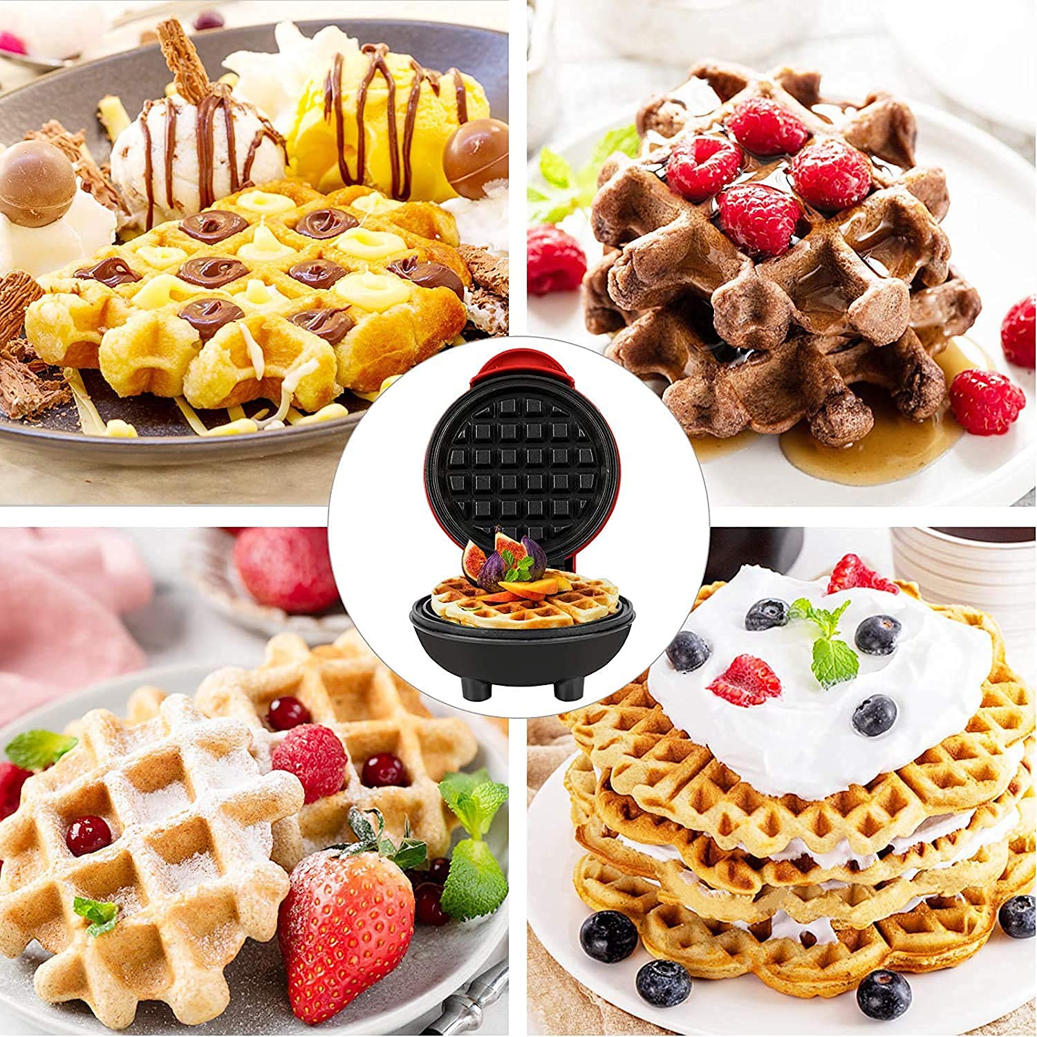 Mini Waffle Maker Machine - Portable Electric Round Waffle Iron for Waffles, Paninis & Hash Browns | Non-Stick Red Bakeware | Perfect for Breakfast, Snacks, Camping & Dorm Cooking
