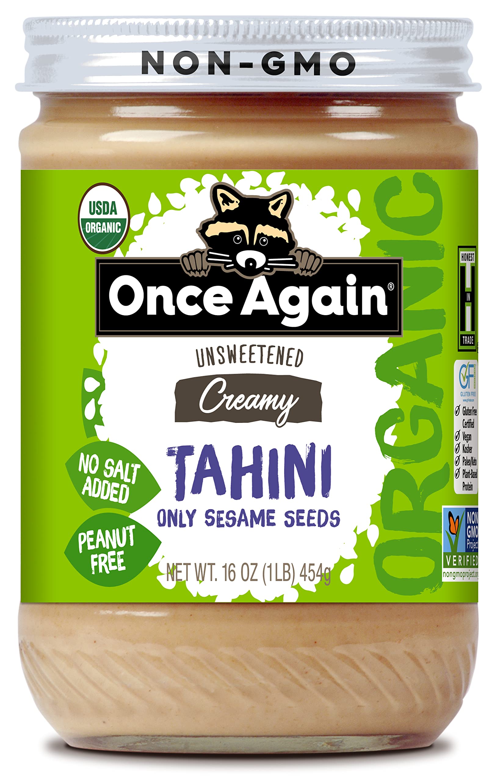 Once Again Organic Sesame Tahini, 16oz - Salt Free, Unsweetened - USDA Organic, Gluten Free, Vegan, Kosher, Peanut Free - Perfect for Hummus, Salad Dressings & Baking - Glass Jar