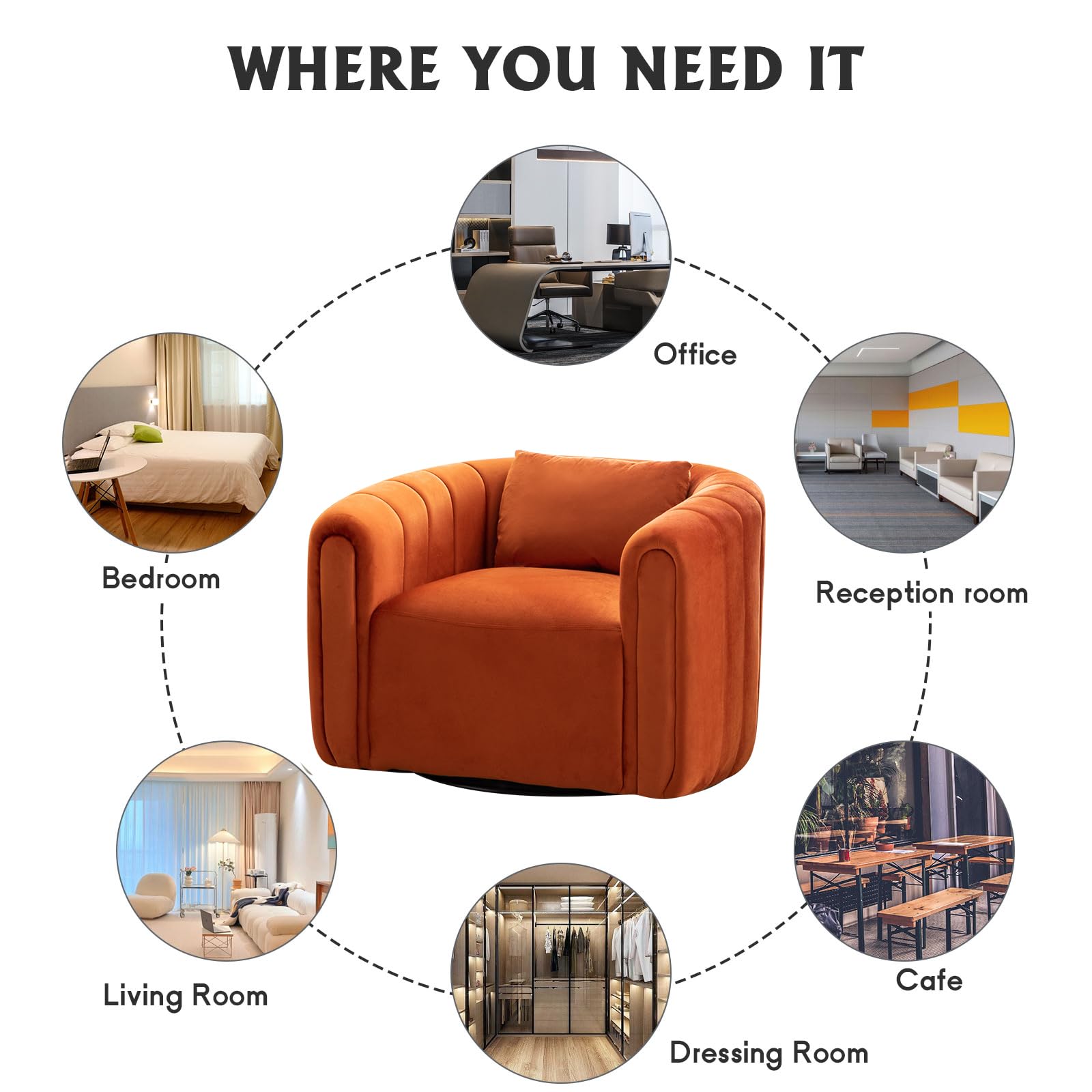 360-Degree Swivel Accent Chair for Living Room - Round Barrel Armchair with Pumpkin Shape, Single Club Sofa for Bedroom, Apartment & Office - Orange | Perfect for Reading Nook, Lounge Area & Small Spaces