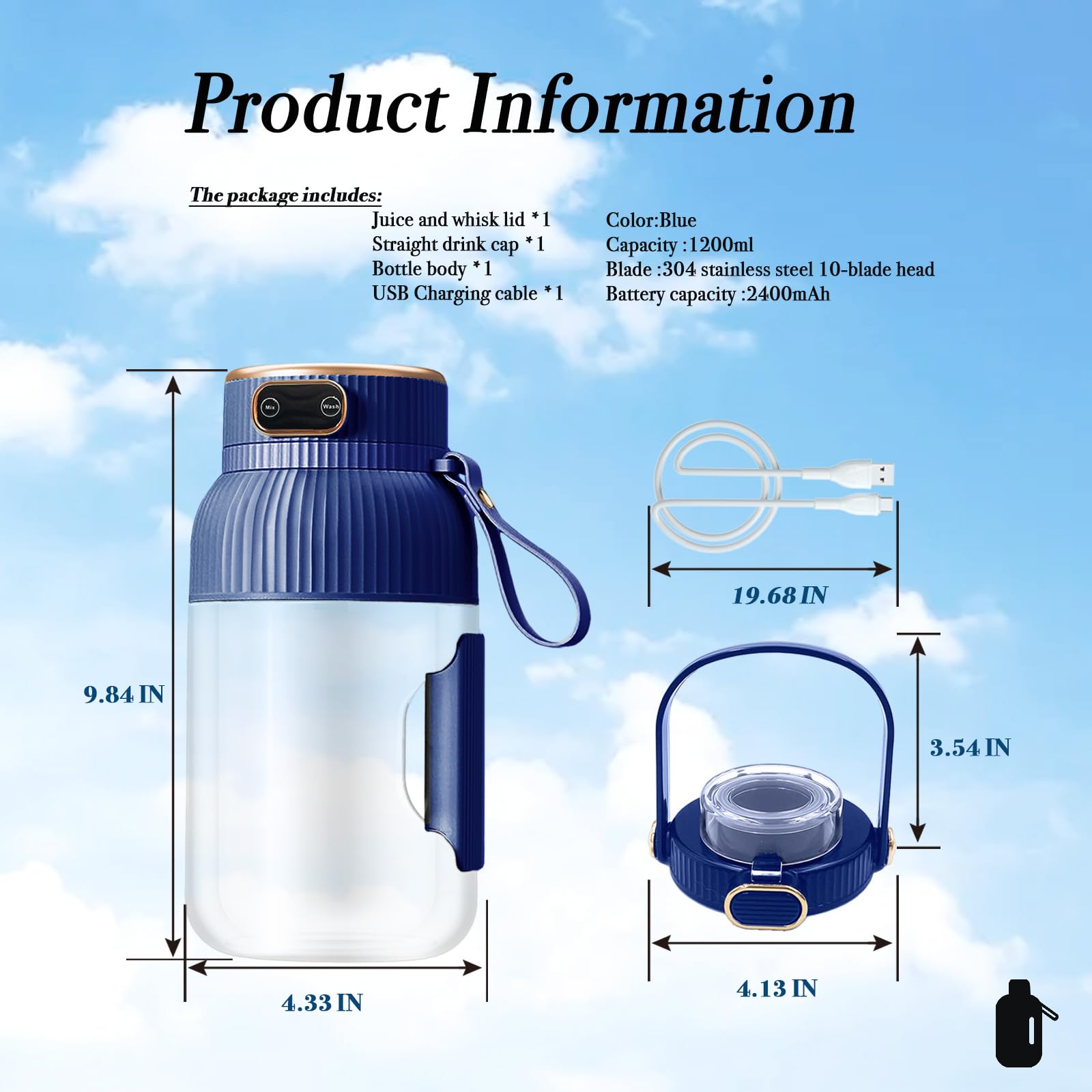 USB Rechargeable Portable Juicer Blender with Digital Display - 40.6oz Multifunctional Personal Juicer Cup, Double Lids (Blue) - Perfect for Smoothies, Protein Shakes & Fresh Juices at Home, Gym or Travel