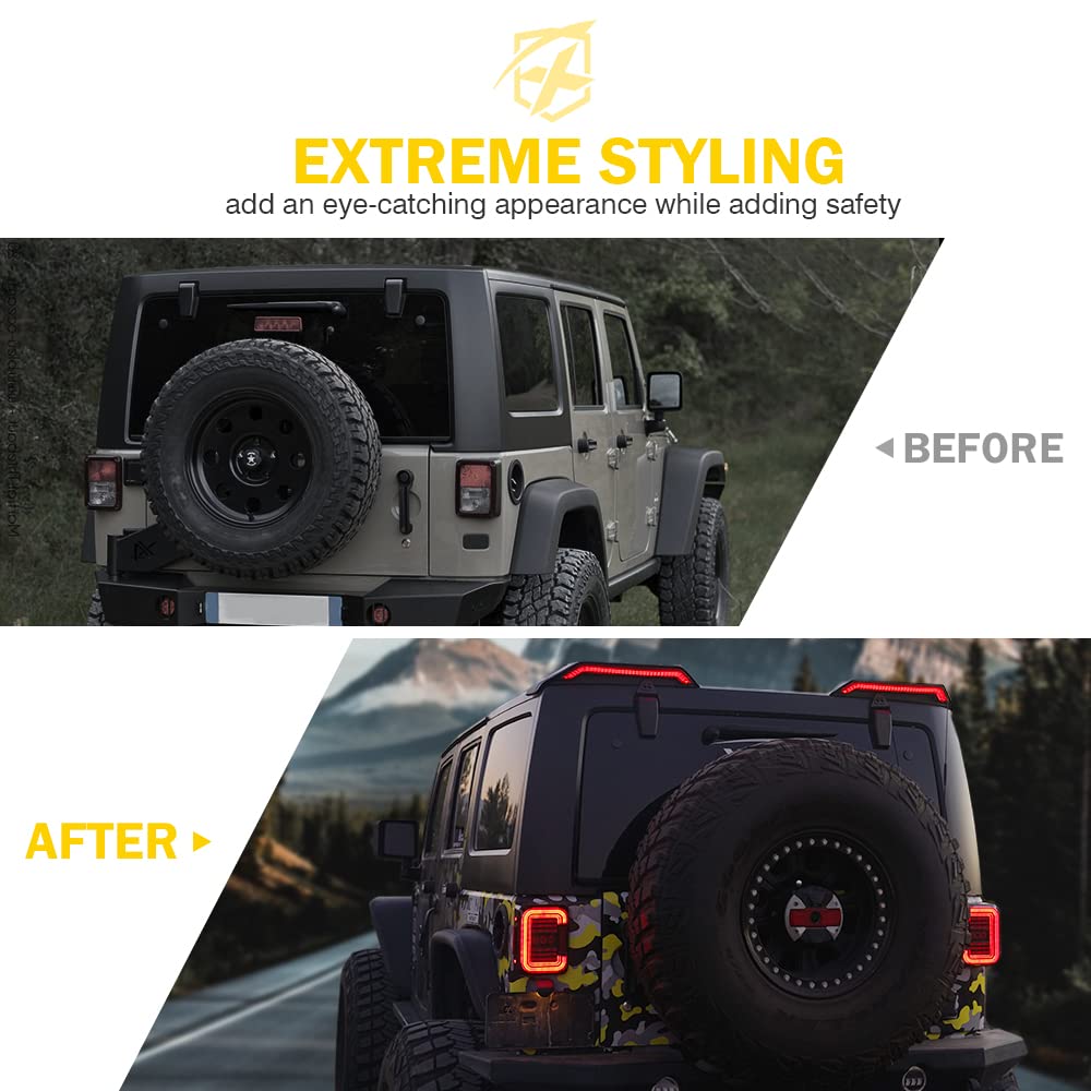 Xprite High Mount LED Brake Lights with Turn Signal & Reverse Light - Compatible with Jeep Wrangler JK JKU 2007-2018 - Easy Installation Roof Tail Lights - 2PCS Set - Perfect for Off-Roading & Night Driving Safety