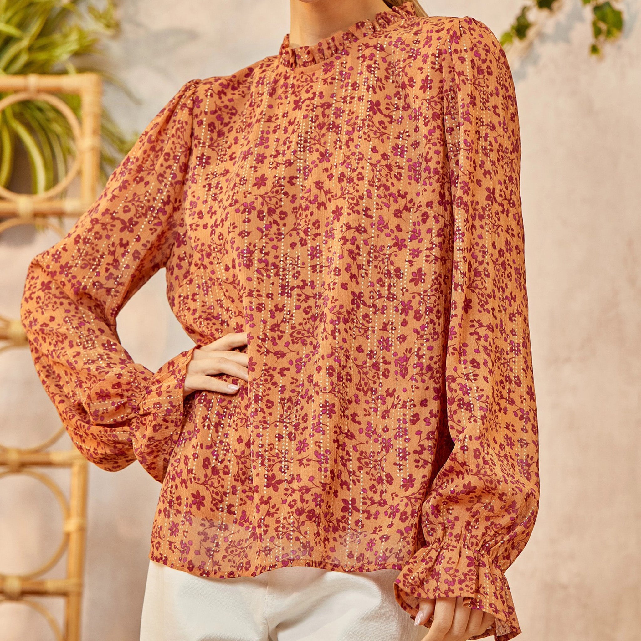 Andree Women's Rust & Plum Floral Blouse - Elegant Long Sleeve Tops for Work, Party & Date Night | Comfortable & Stylish Blouse for Women