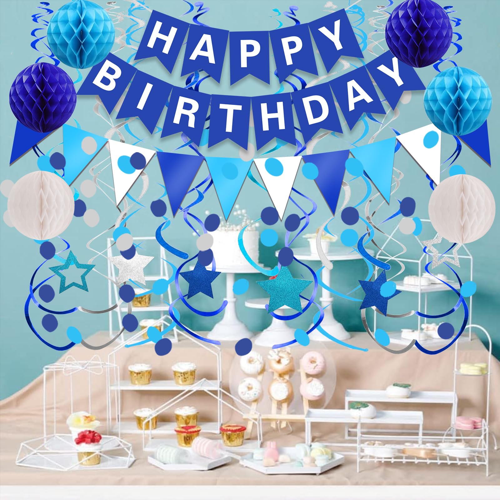 FECEDY Navy Blue Happy Birthday Banner - Party Decorations with Paper Bunting, Circle Confetti, Garland Swirl Streamers & Honeycomb Balls - Perfect for Birthday Parties, Baby Showers & Celebrations