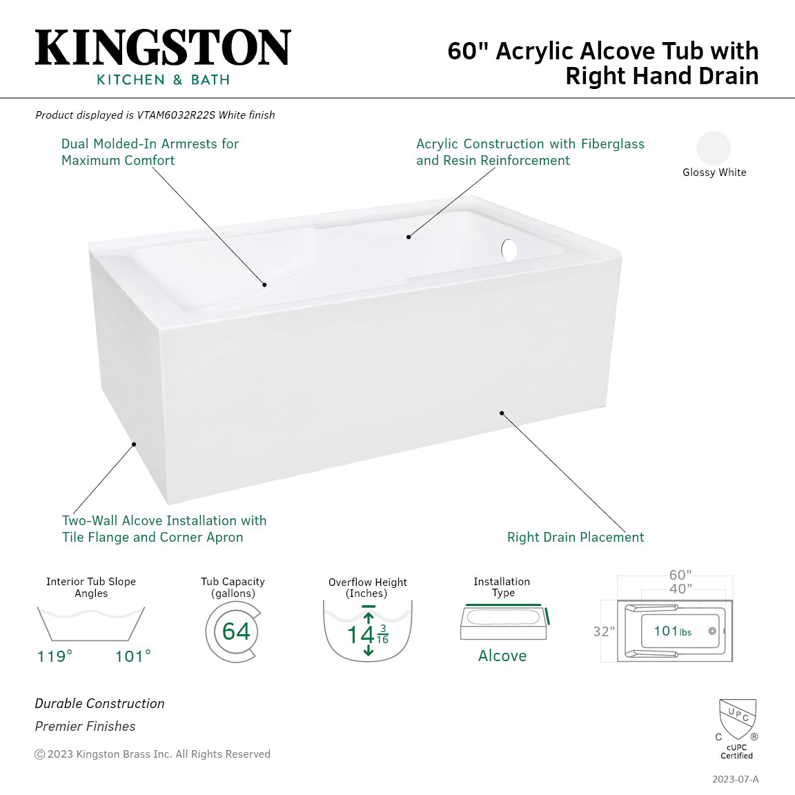 Aqua Eden 60-Inch Acrylic Rectangular Corner Alcove Bathtub - Glossy White, Right Hand Drain, 2-Wall Installation | Perfect for Small Bathrooms & Spa-Like Retreats