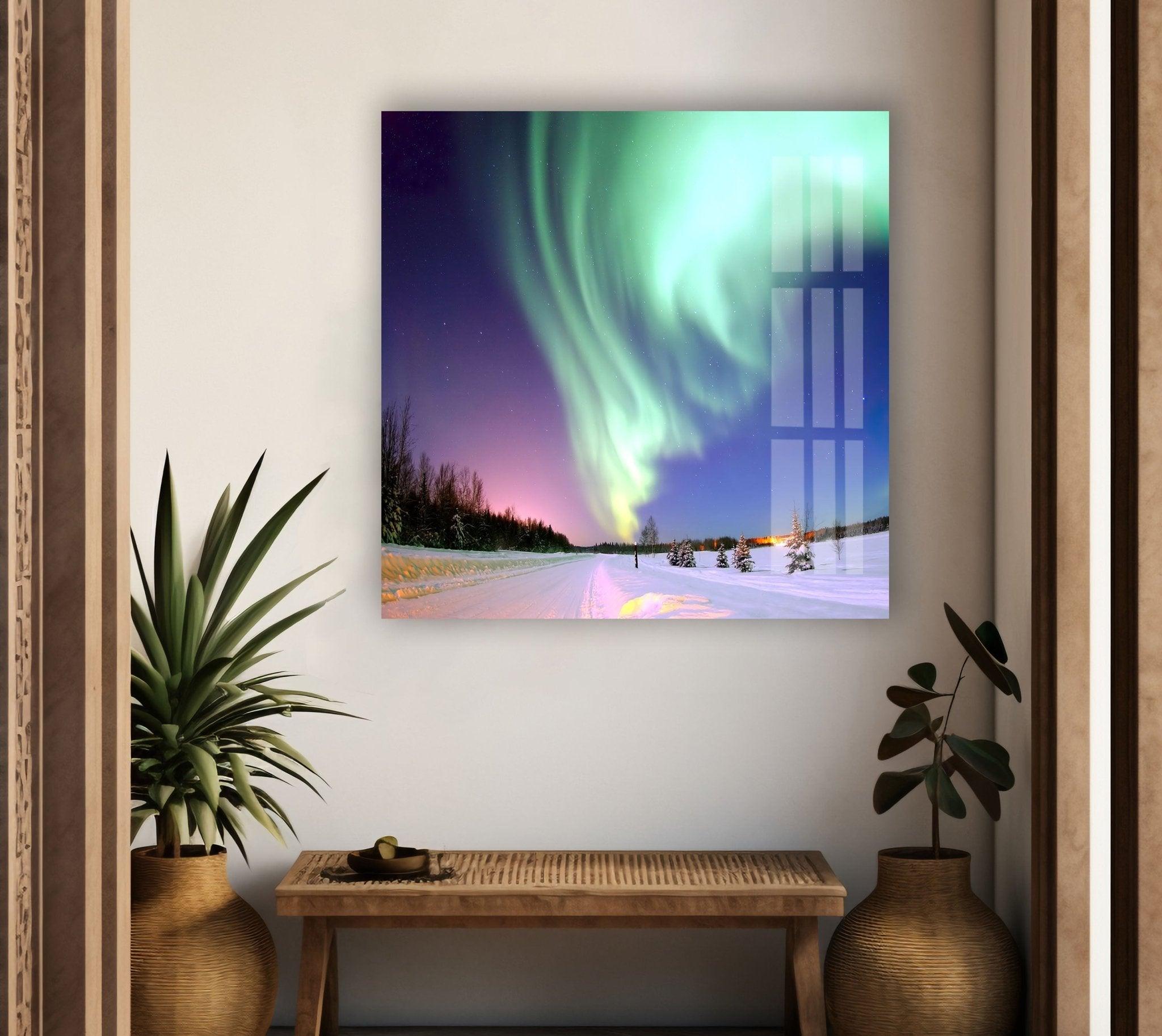 Aurora Borealis Turquoise Glass Wall Art - Handmade Northern Lights Decor for Living Room, Bedroom & Office - Stunning Blue Green Glass Mosaic for Home & Gifts