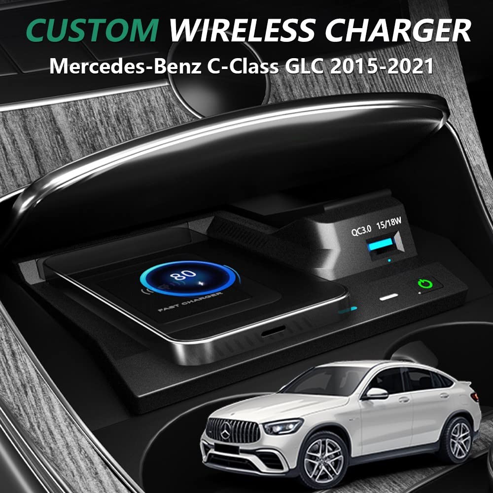 Wireless Car Charger for Mercedes Benz C-Class GLC AMG 2015-2022 - 15W Fast Charging Phone Mount Compatible with C180/C200/C260/C300/C450 & GLC200/GLC260/GLC300 AMG C43/C63/GLC43/GLC63 - Perfect for Road Trips & Daily Commutes