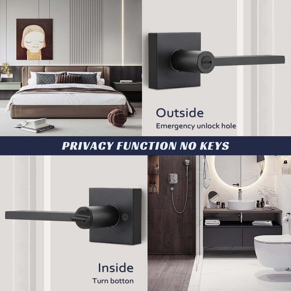 5 Pack Matte Black Interior Door Handles - Slim Privacy Lever Door Knob Set with Lock for Bedroom & Bathroom Security | Left/Right Handed | Modern Home Upgrade for Privacy & Style
