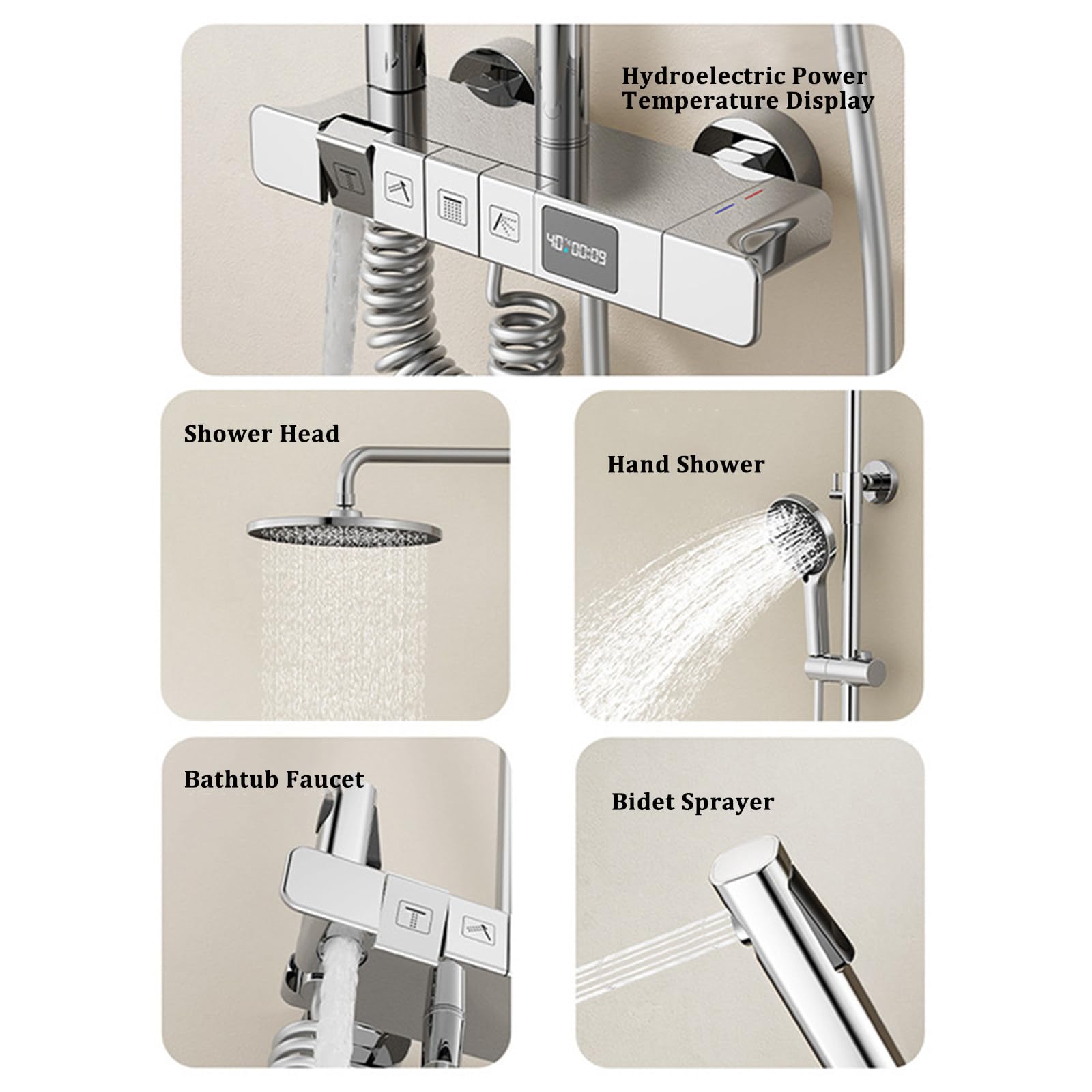 Boyuan Digital Display Brass Mixer Tap - 4 Function Shower System with Round Rainfall Shower Head, 3 Mode Hand Shower & Bidet Sprayer, Adjustable Hot/Cold Water - Perfect for Modern Bathroom Renovation and Spa-Like Shower Experience