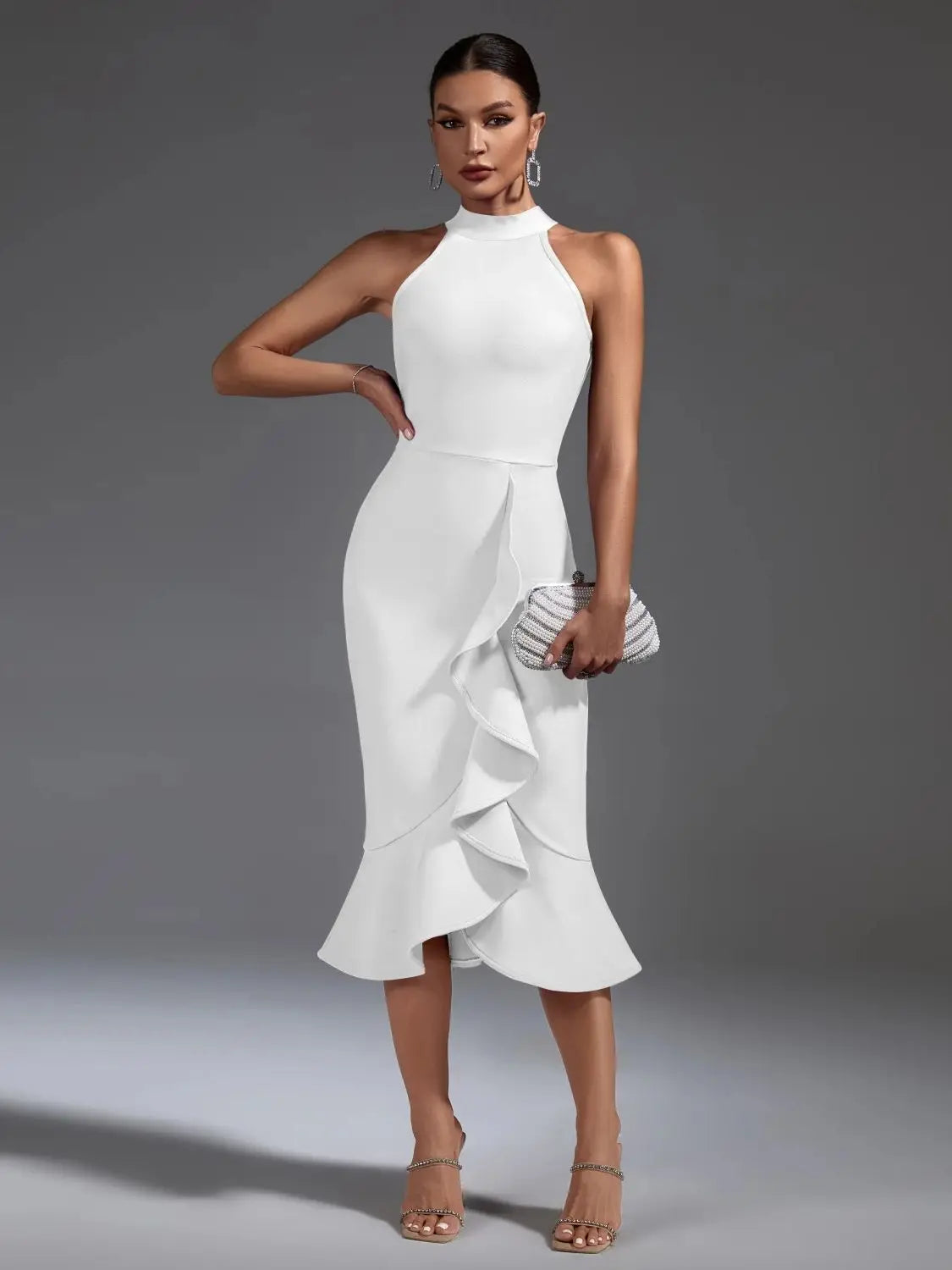 Elegant Black Bandage Dress for Women - Bodycon Midi Party Dress with Ruffle Mermaid Hem | Sexy Club Outfit for Evening, Birthday & Night Out