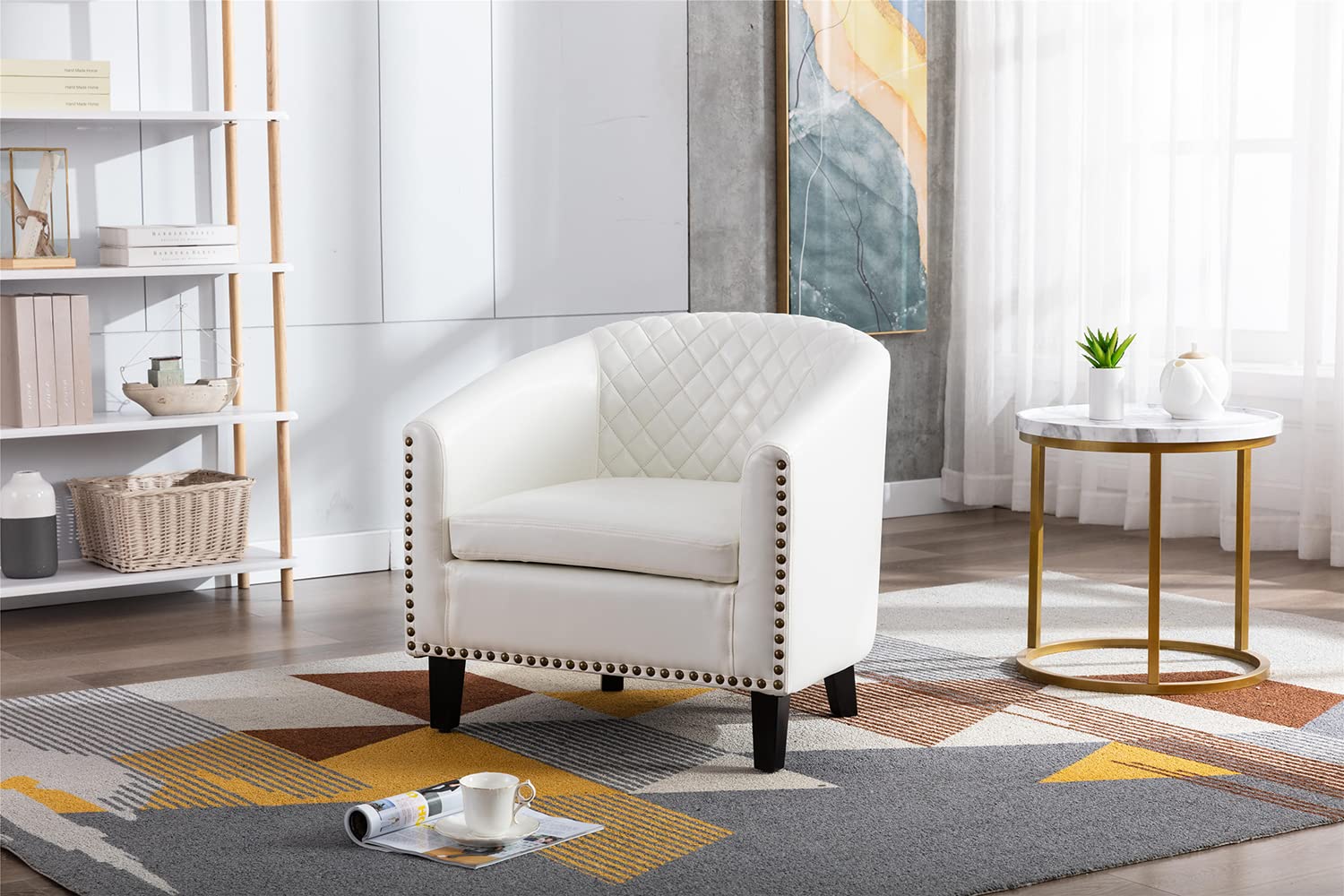 White PU Leather Accent Barrel Chair with Nailhead Trim & Solid Wood Legs - Living Room, Bedroom, or Office Seating Furniture