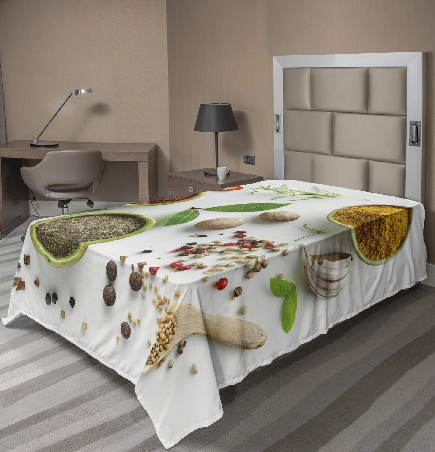 Ambesonne TwinXL Flat Sheet - Soft, Comfortable Culinary Themed Bedding with Herbs, Spices & Dried Foods Print in Off White & Multicolor | Perfect for Kitchen-Themed Bedrooms, Guest Rooms & Culinary Enthusiasts