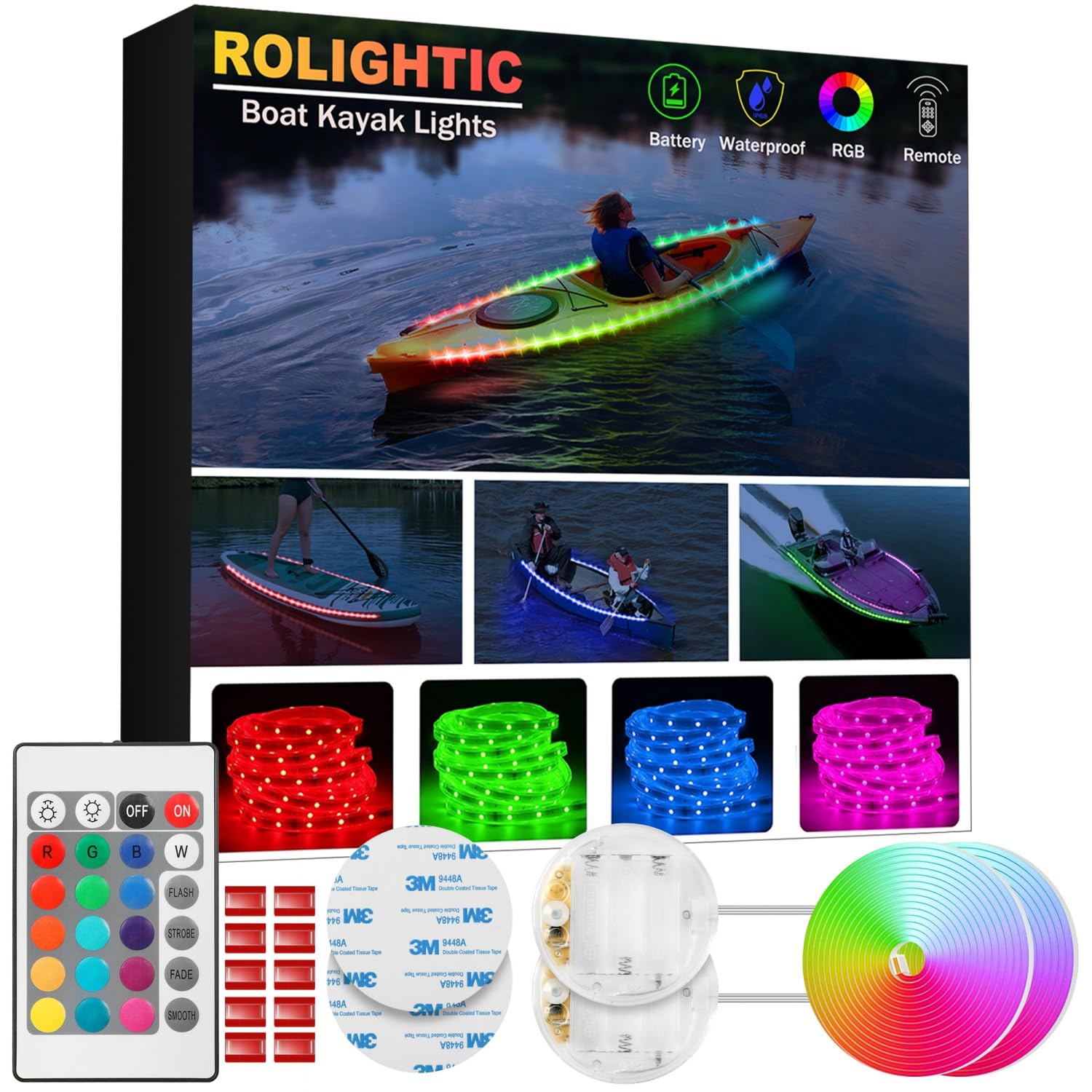 Waterproof RGB Color Changing LED Kayak Lights - IP68 Marine Boat Strip Lights with Remote for SUP, Canoes, Paddleboards (2 Pack) - Perfect for Night Fishing, Boating & Water Sports