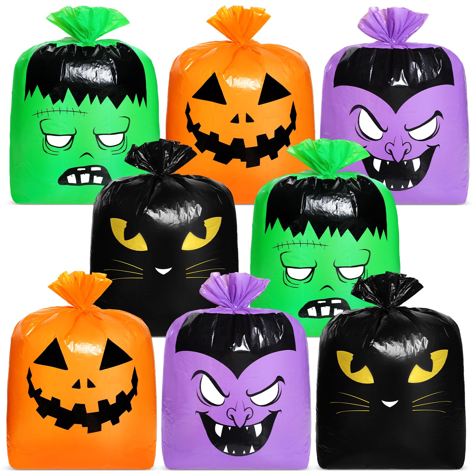 Qilery 8-Pack Large Halloween Pumpkin Leaf Bags - Heavy Duty Plastic Lawn Bags with Twist Ties for Fall Yard Waste, Reusable Halloween Trash Bags & Party Decorations - Perfect for Halloween Decor, Garden Cleanup, and Outdoor Autumn Celebrations