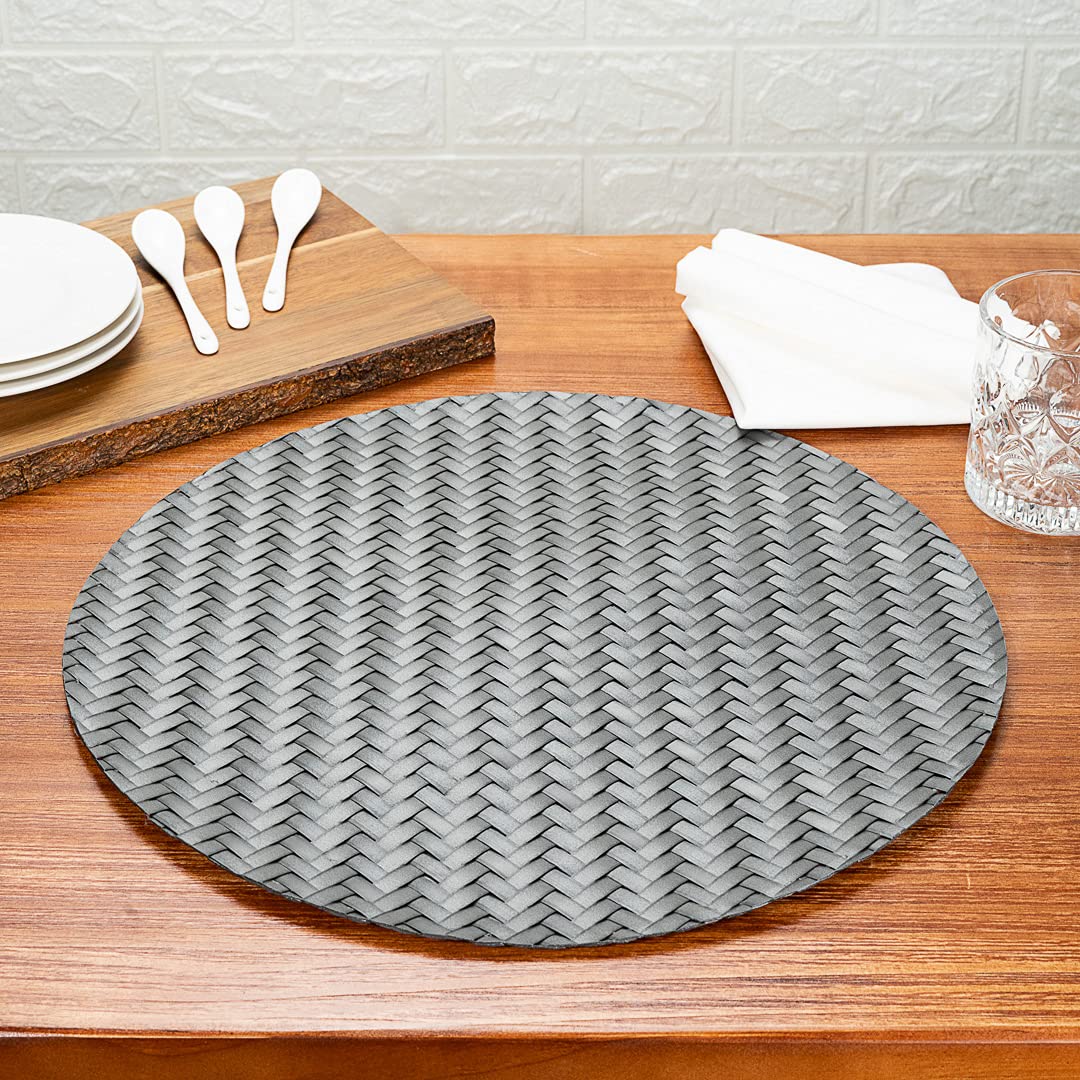 Premium 15-Inch Round Woven Placemats Set of 6 - Durable & Easy-Clean Metallic Gray Plastic Table Mats for Dining - Perfect for Home, Restaurant, Wedding & Party Decor