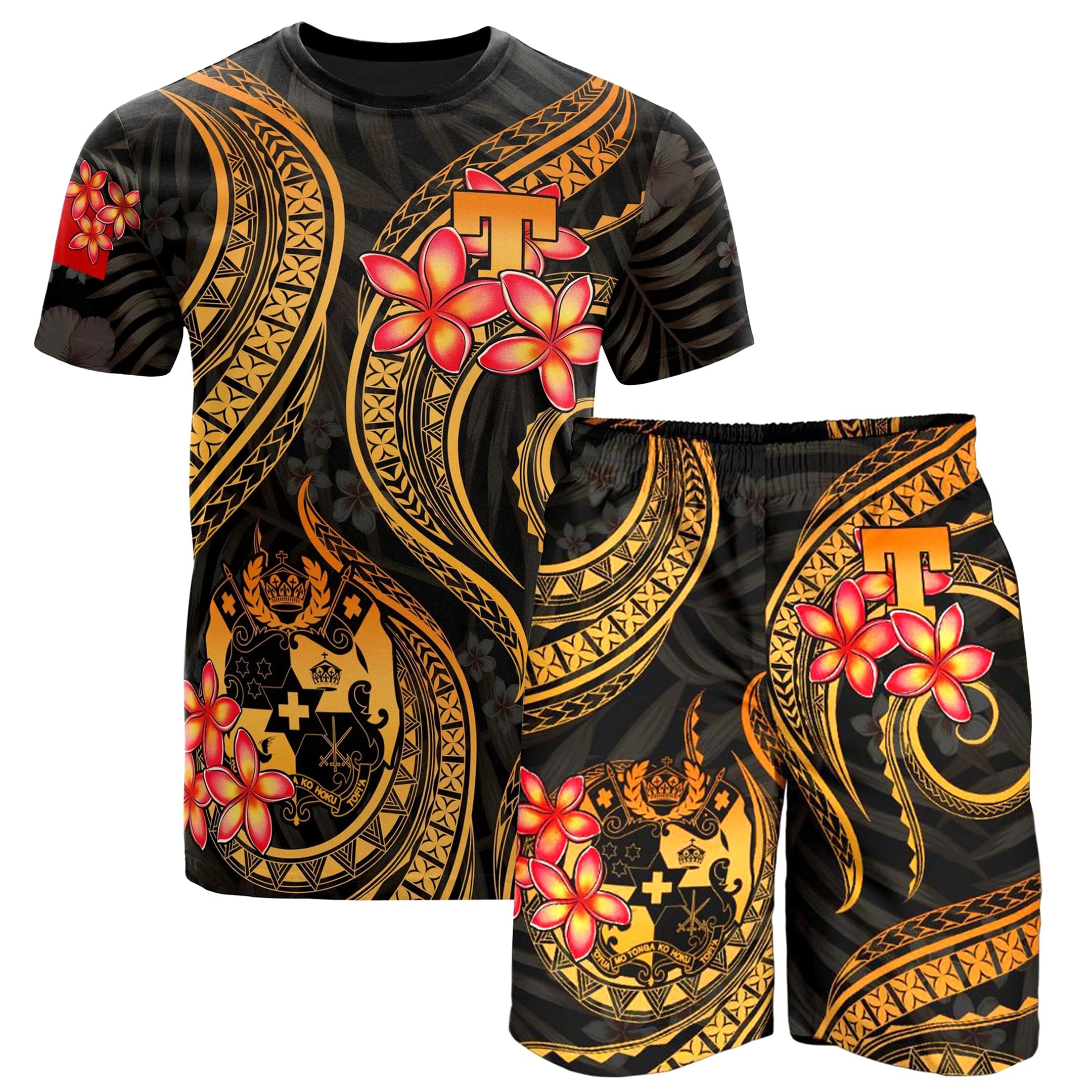 Men's Summer Shorts Set with Tonga Polynesian Tribal Print Shirts - 7 Inch Inseam Stretch Shorts for Beach, Vacation & Casual Wear | Tropical Island Outfit for Men
