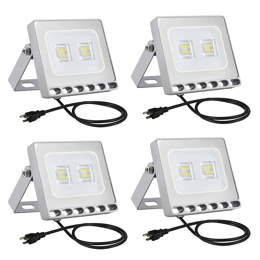 Viugreum 4 Pack 10W LED Flood Lights Outdoor Waterproof IP67 - 110V 1000LM Daylight White (6000K) Super Bright Security Floodlight Wall Light Landscape Lighting with US Plug - Perfect for Driveway, Garden, Patio, and Backyard Illumination