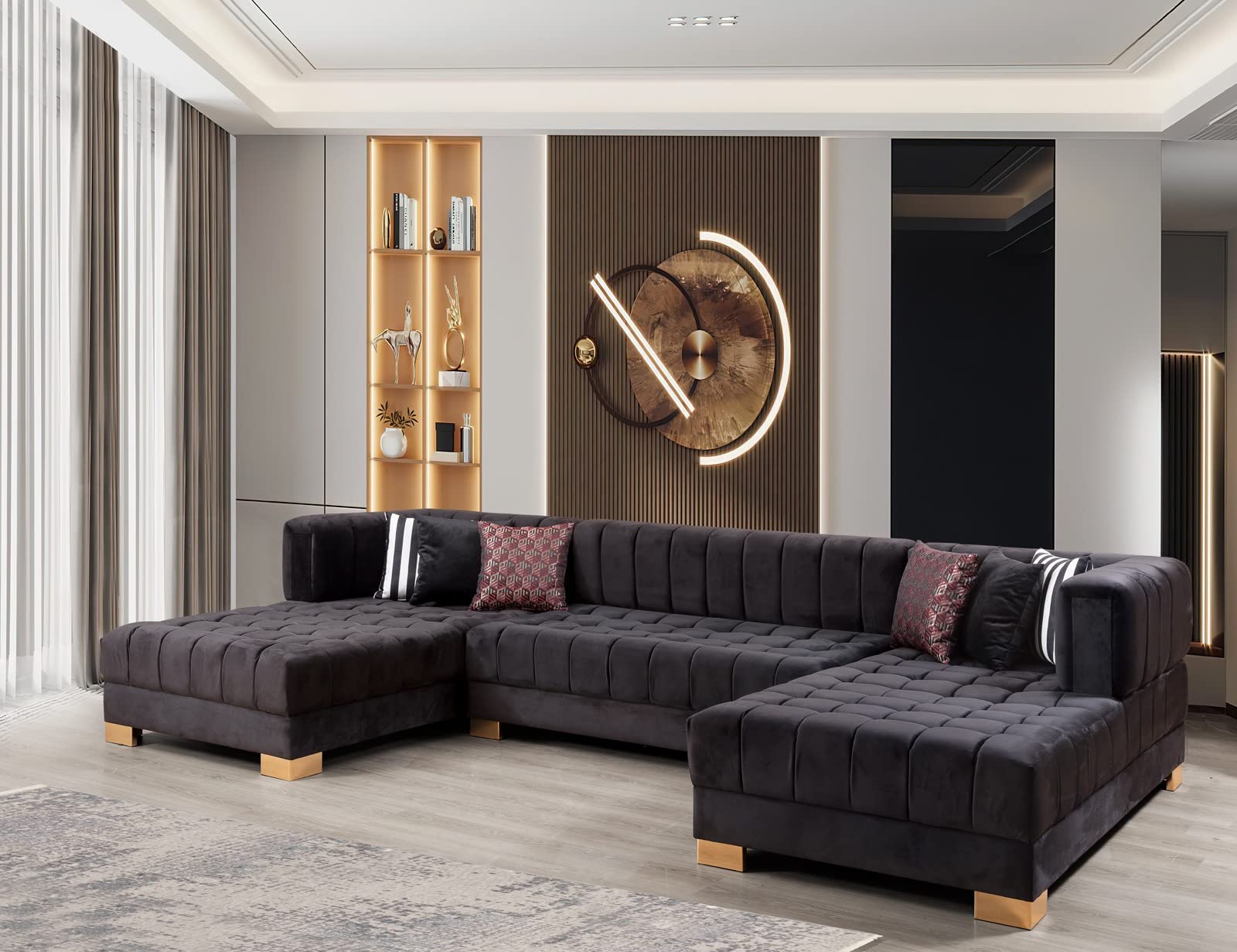 Modern U-Shape Sectional Sofa with Double Chaise & Gold Legs - Biscuit Tufted Pillows Included - Deep & Medium Firm Seats (Black) - Perfect for Living Room, Family Room or Home Theater Comfortable Seating