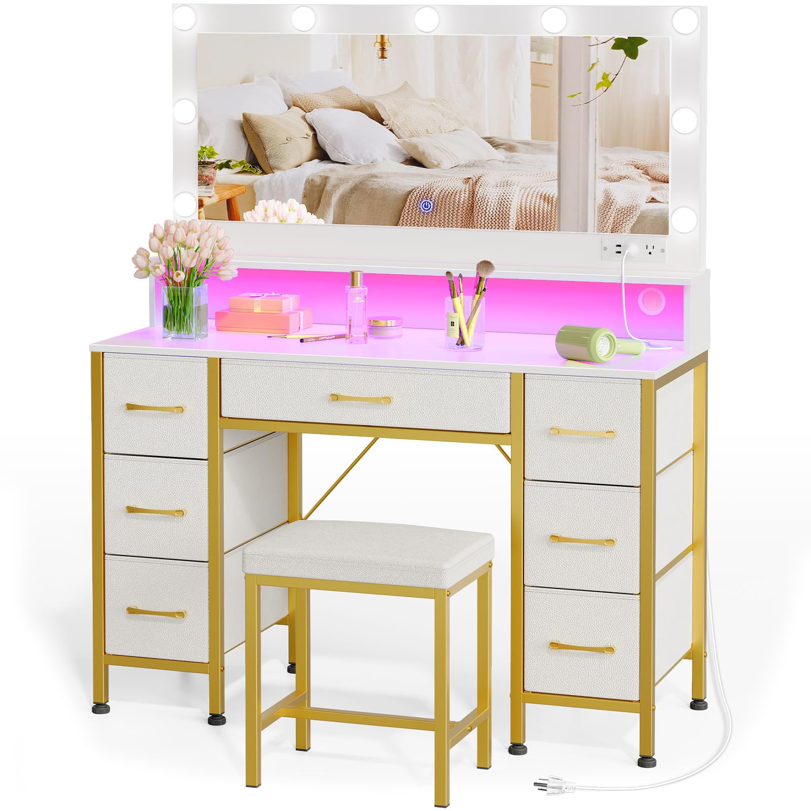Rolanstar White and Gold Vanity Desk with Mirror & LED Lights - Makeup Vanity Set with Upholstered Stool, 7 Fabric Drawers, 9 LED Bulbs & Power Outlets - RGB Strip Lighting for Bedroom, Dressing Room & Beauty Salon