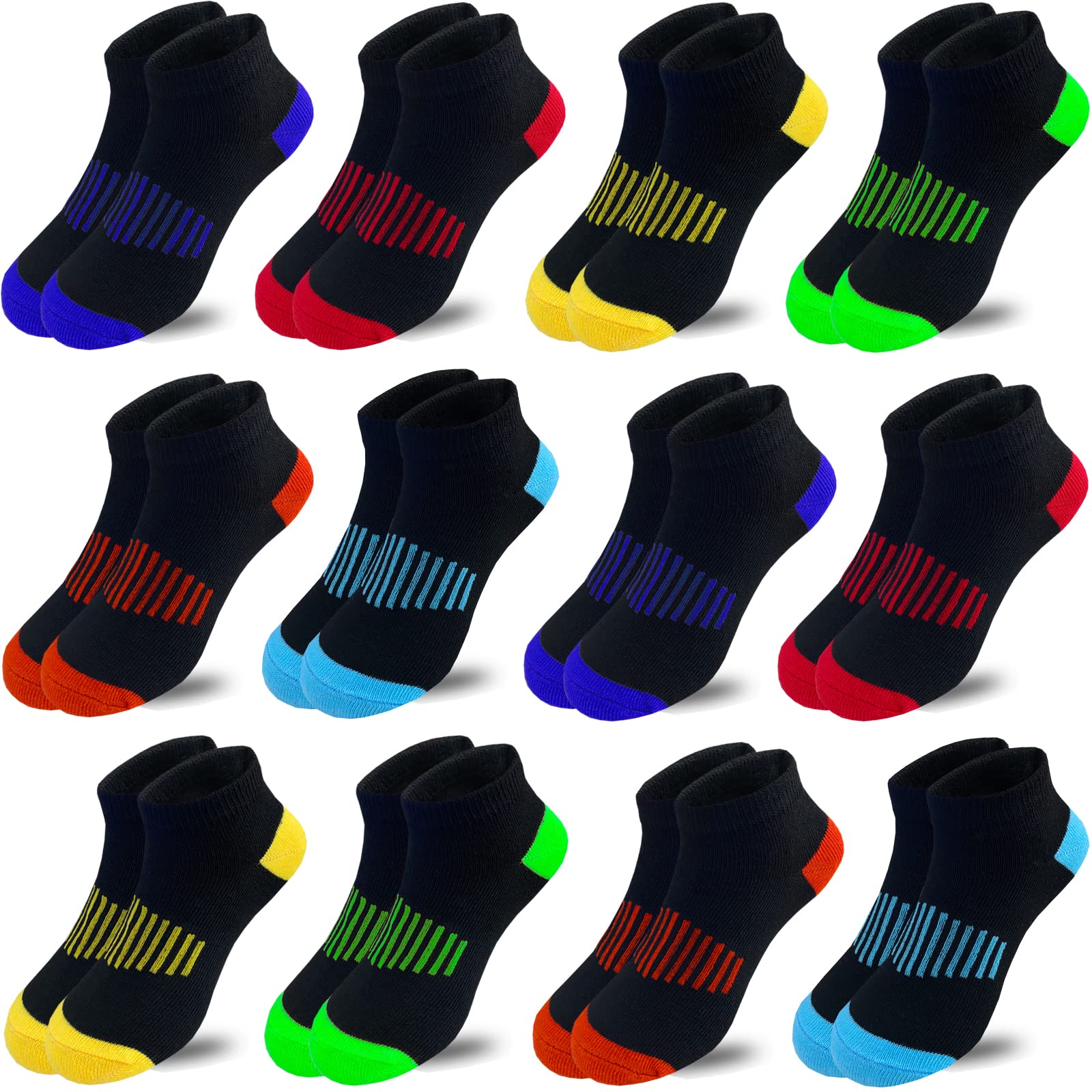 12 Pairs Boys Low Cut Cotton Athletic Socks - Half Cushion Sport Ankle Socks for Kids - Perfect for Running, School & Daily Activities