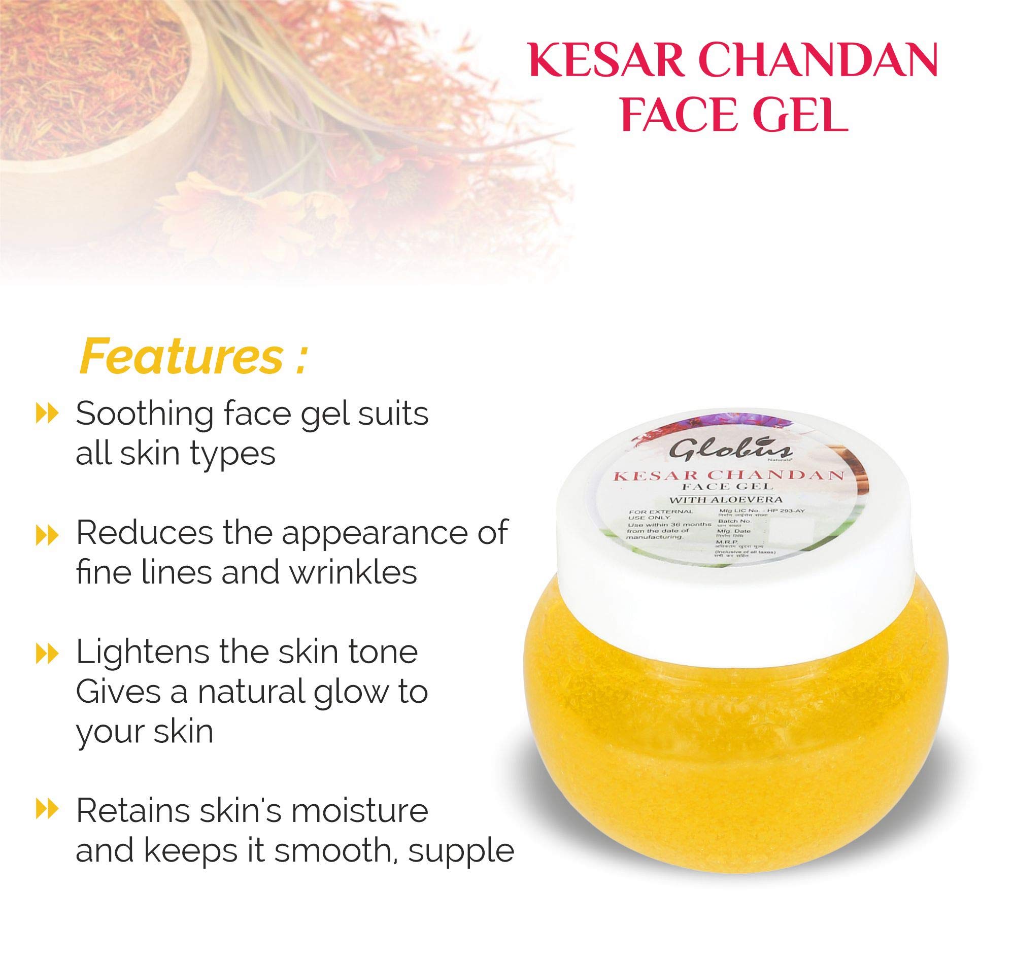 Globus Naturals Kesar Chandan Face Gel with Aloe Vera - 100g | Saffron & Sandalwood Hydrating Face Gel for Glowing Skin | Perfect for Daily Skincare & Nighttime Routine