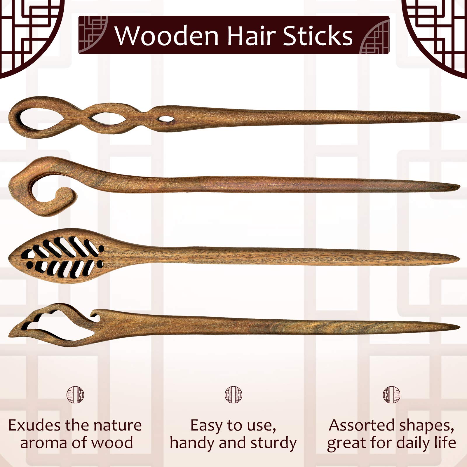 8Pcs Handmade Wooden Hair Sticks - Japanese Style Hair Chopsticks for Women, Bun Maker & Chignon Hair Accessories (Classic Pattern) | Perfect for Updos, Weddings, Cosplay & Traditional Hairstyles