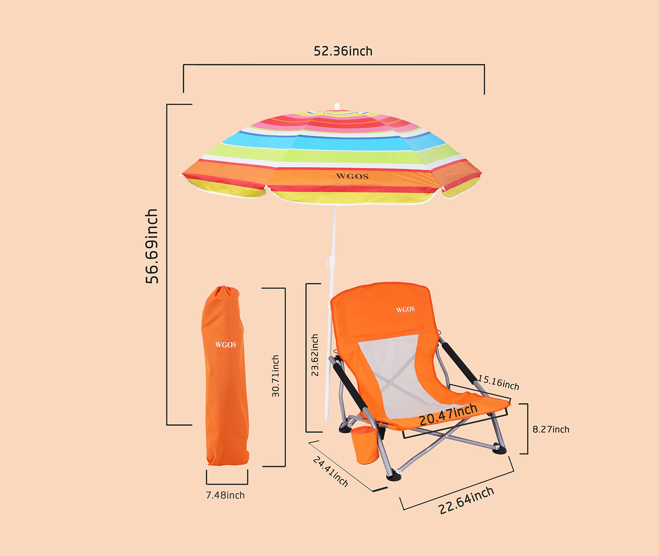 **Premium 2-Pack Orange Folding Beach Chairs with Umbrella - Portable Low Profile Beach Chairs for Adults, Camping & Outdoor Relaxation - Perfect for Sand, Poolside, Picnics & Travel**