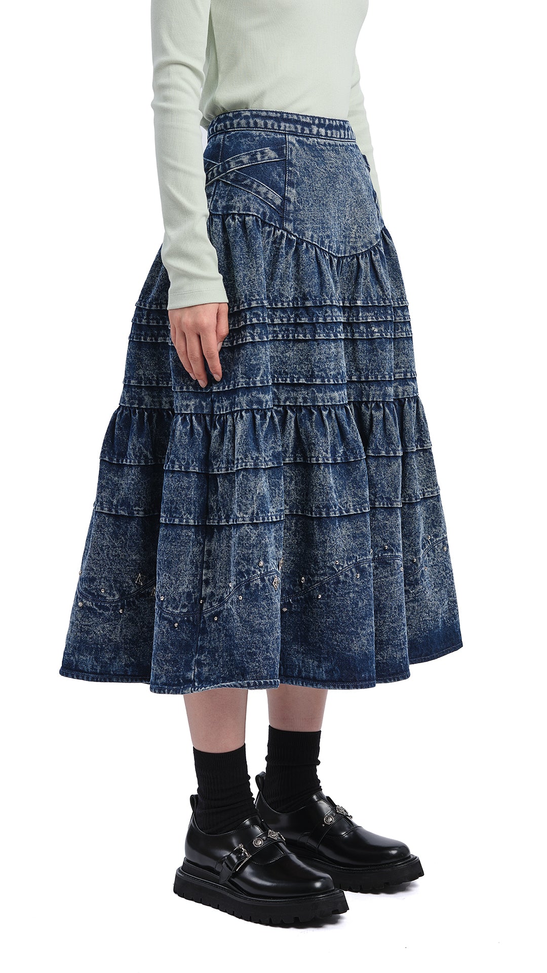 Vintage Stone Washed Studded Denim Skirt for Women - Distressed High Waist A-Line Mini Skirt with Metal Studs | Perfect for Casual Outfits, Rock Concerts & Streetwear Fashion