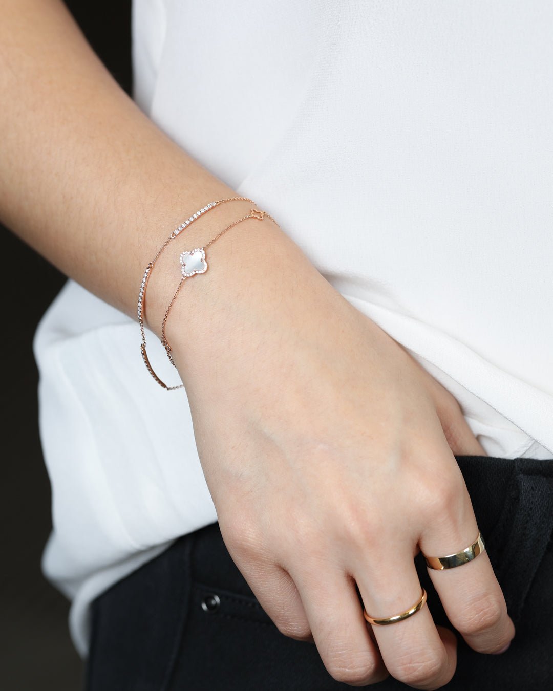14k Rose Gold Mini Mother of Pearl & Diamond Halo Clover Bracelet - Elegant Dainty Station Jewelry for Women, Perfect for Everyday Wear, Gift Giving & Special Occasions