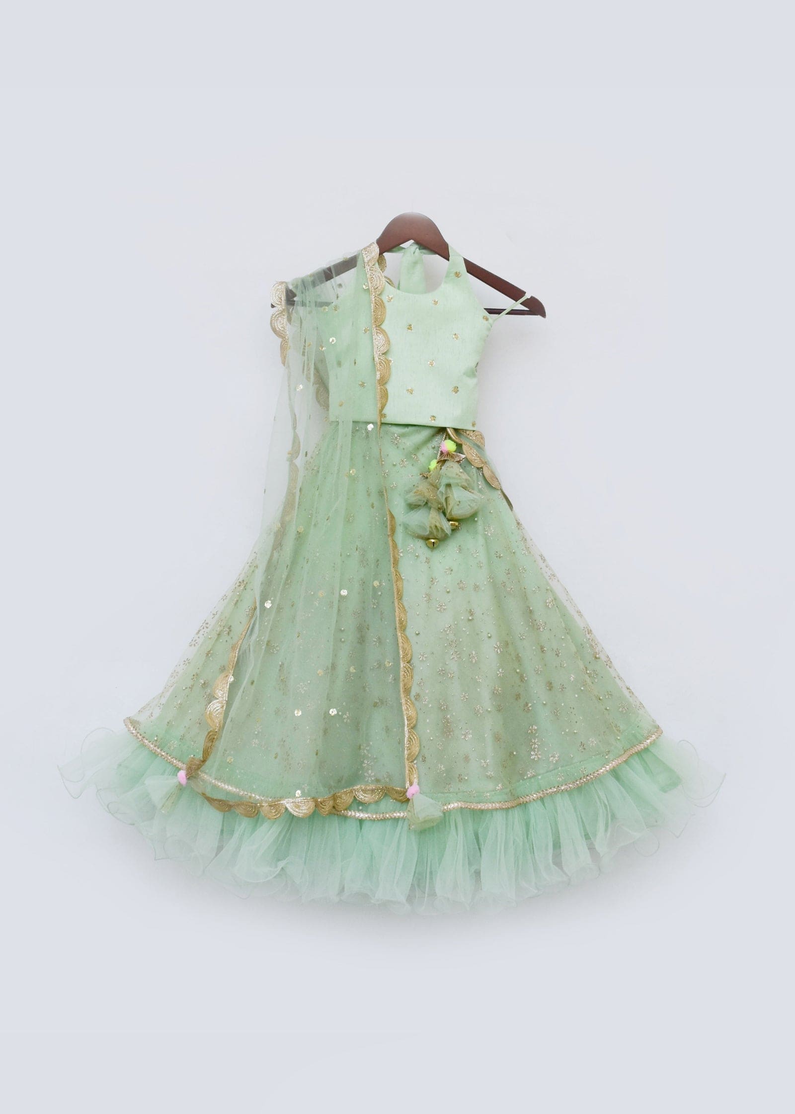 Pre Order: Elegant Green Top with Sparkling Green Glitter Net Lehenga & Dupatta Set for Indian Wedding, Party & Festive Occasions